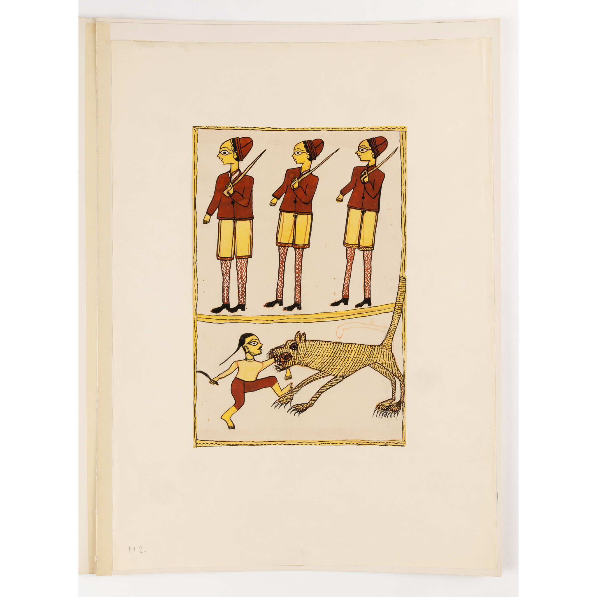 A SANTAL PRIEST LOLLING ON AN ELEPHANT, SANTAL CHIEF RIDING, AND THREE OTHER JADUPATUA SCROLL SECTIONS