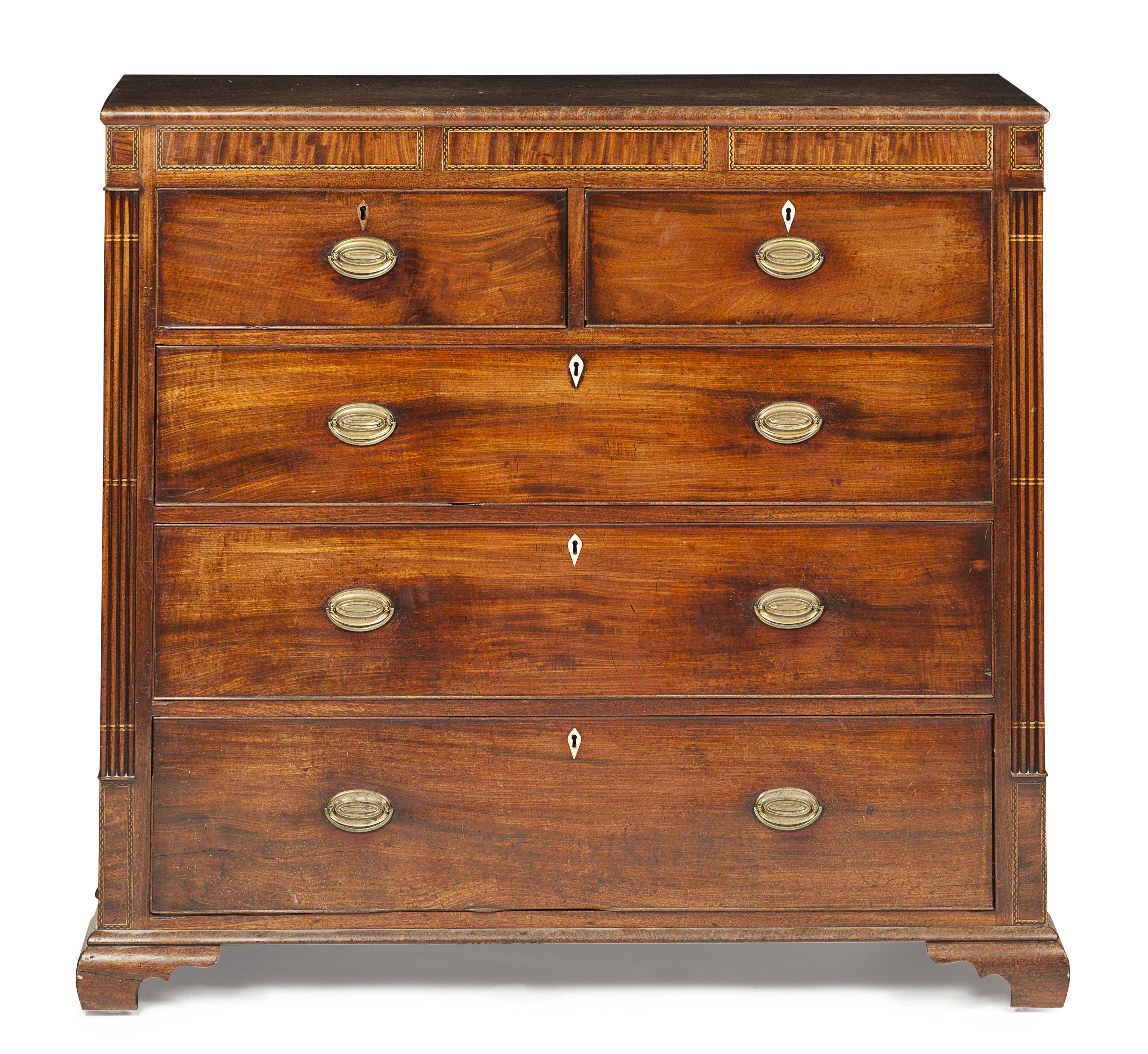 LATE GEORGE III MAHOGANY AND INLAY CHEST OF DRAWERS