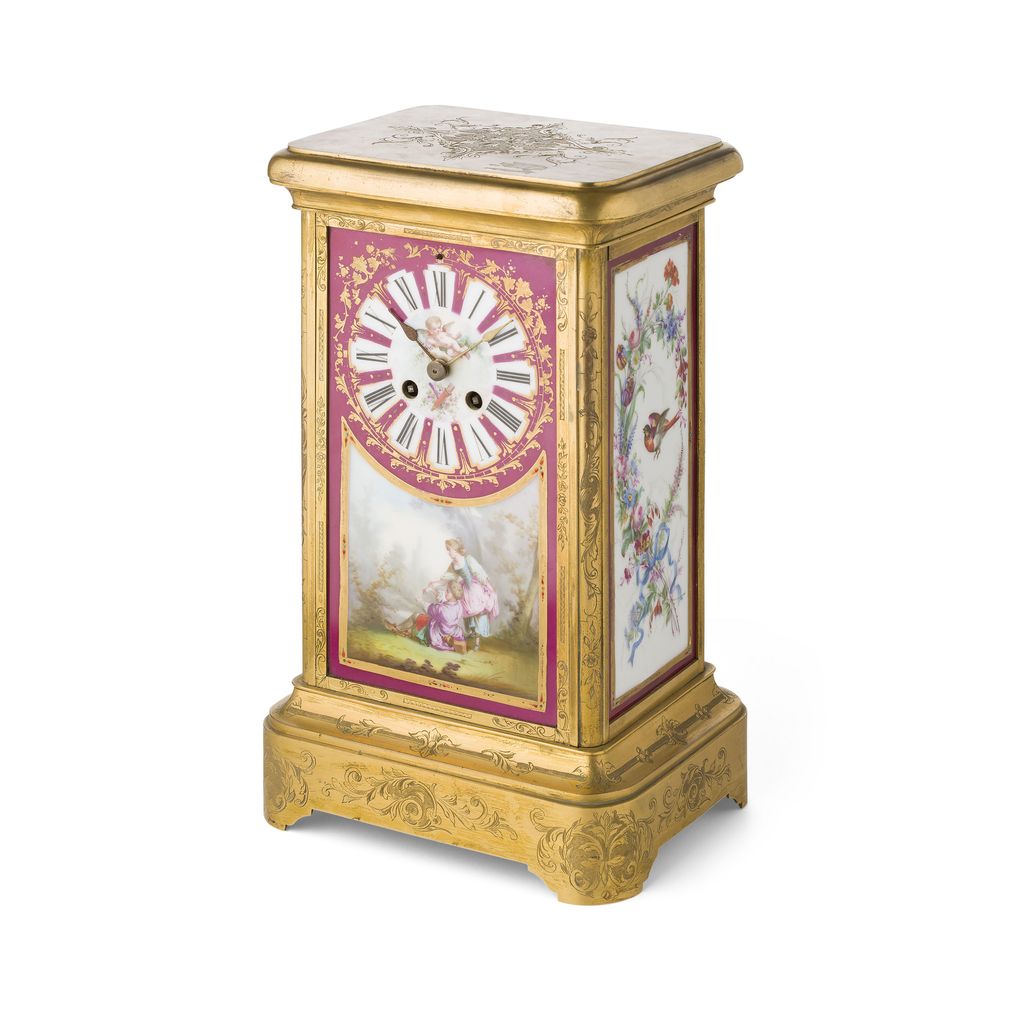 FRENCH GILT BRONZE AND PORCELAIN MOUNTED MANTLE CLOCK