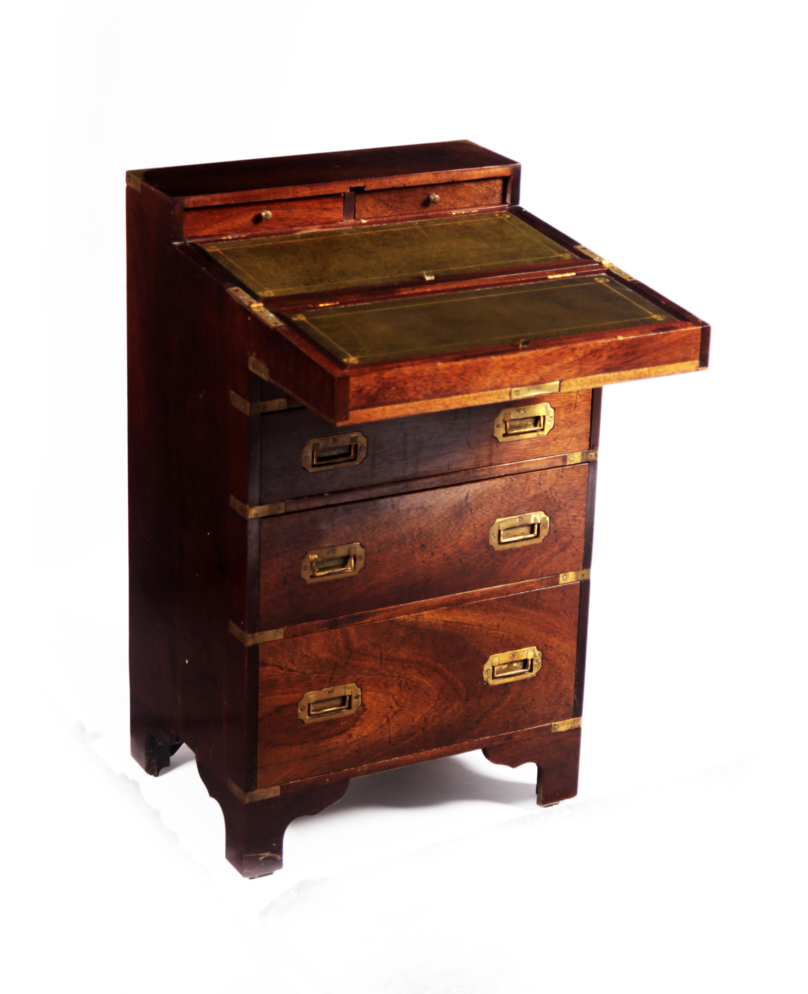 CAMPAIGN FURNITURE - BRASS BOUND TRAVEL DESK ON DRAWER CHEST