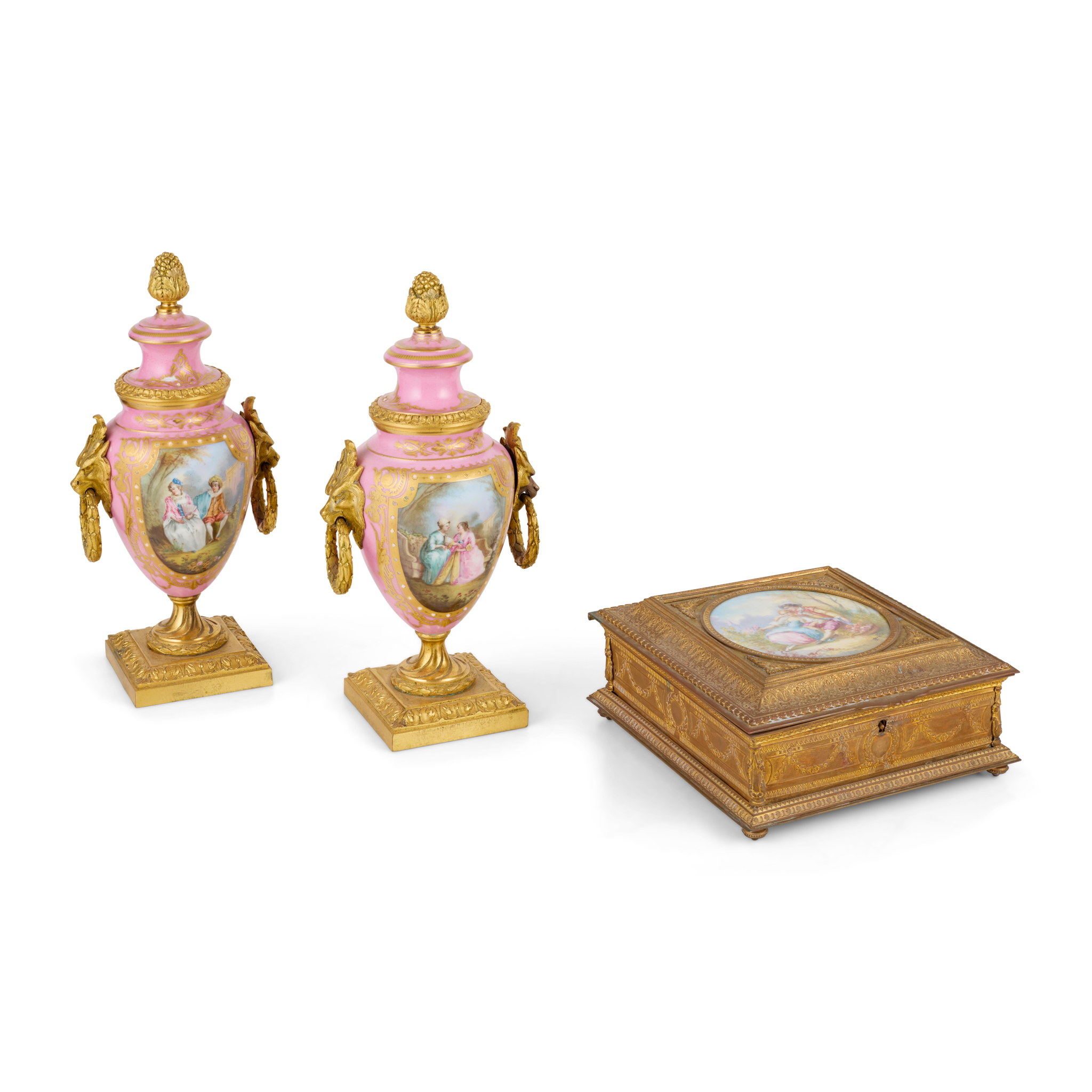 PAIR OF SÈVRES STYLE ORMOLU MOUNTED PORCELAIN PINK GROUND VASES