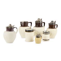 GROUP OF SILVER OR WHITE METAL MOUNTED DRY BODIED STONEWARE VESSELS BY TURNER AND ADAMS