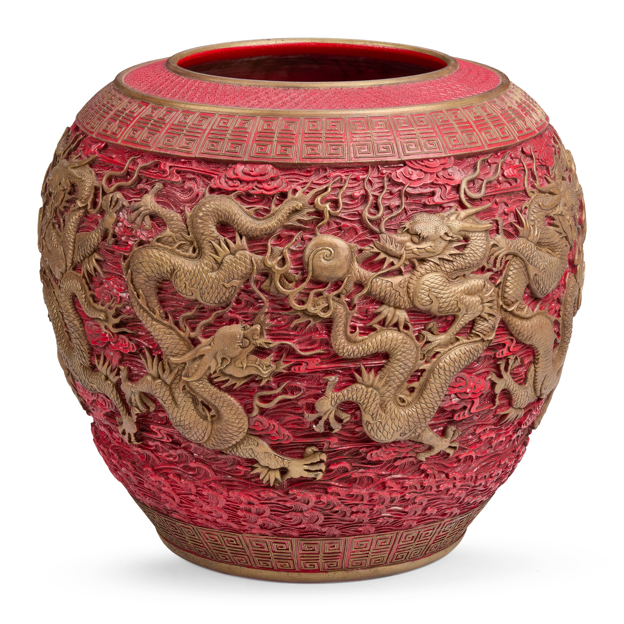 A MASSIVE CHINESE PORCELAIN FAUX CINNABAR LACQUER 'DRAGONS' JARDINIÈRE