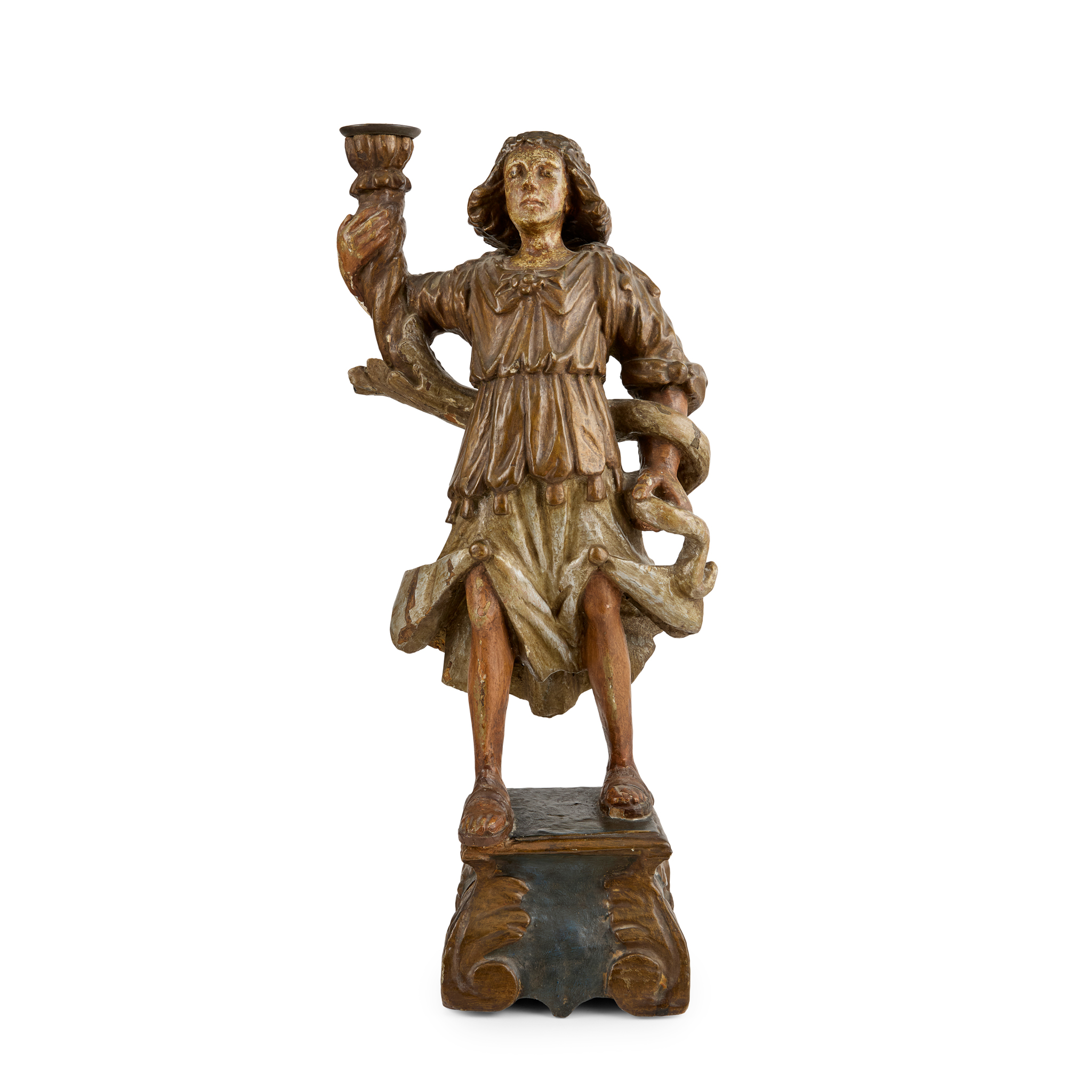 CONTINENTAL POLYCHROMED PAINTED CARVED WOOD FIGURE OF AN ANGEL
