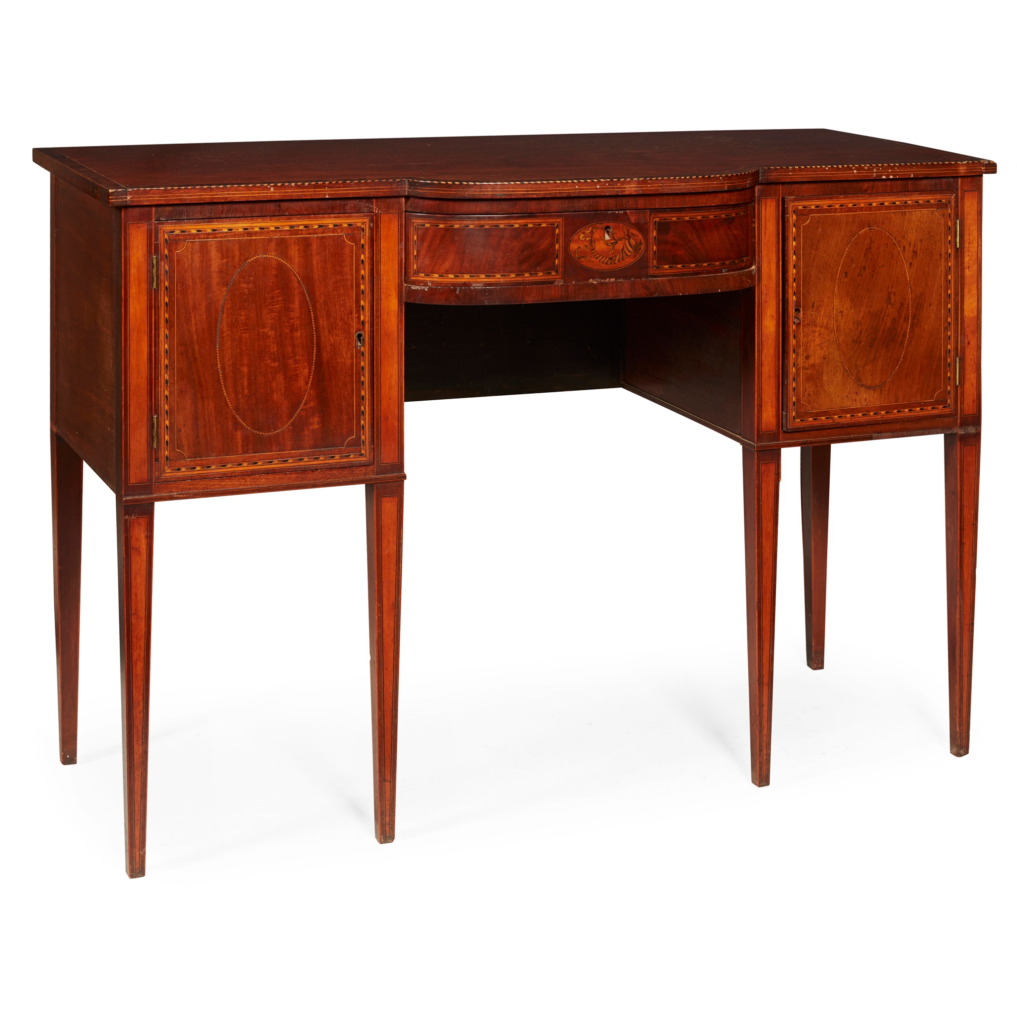 SMALL GEORGE III MAHOGANY, GONCALO ALVES, AND INLAY SIDEBOARD