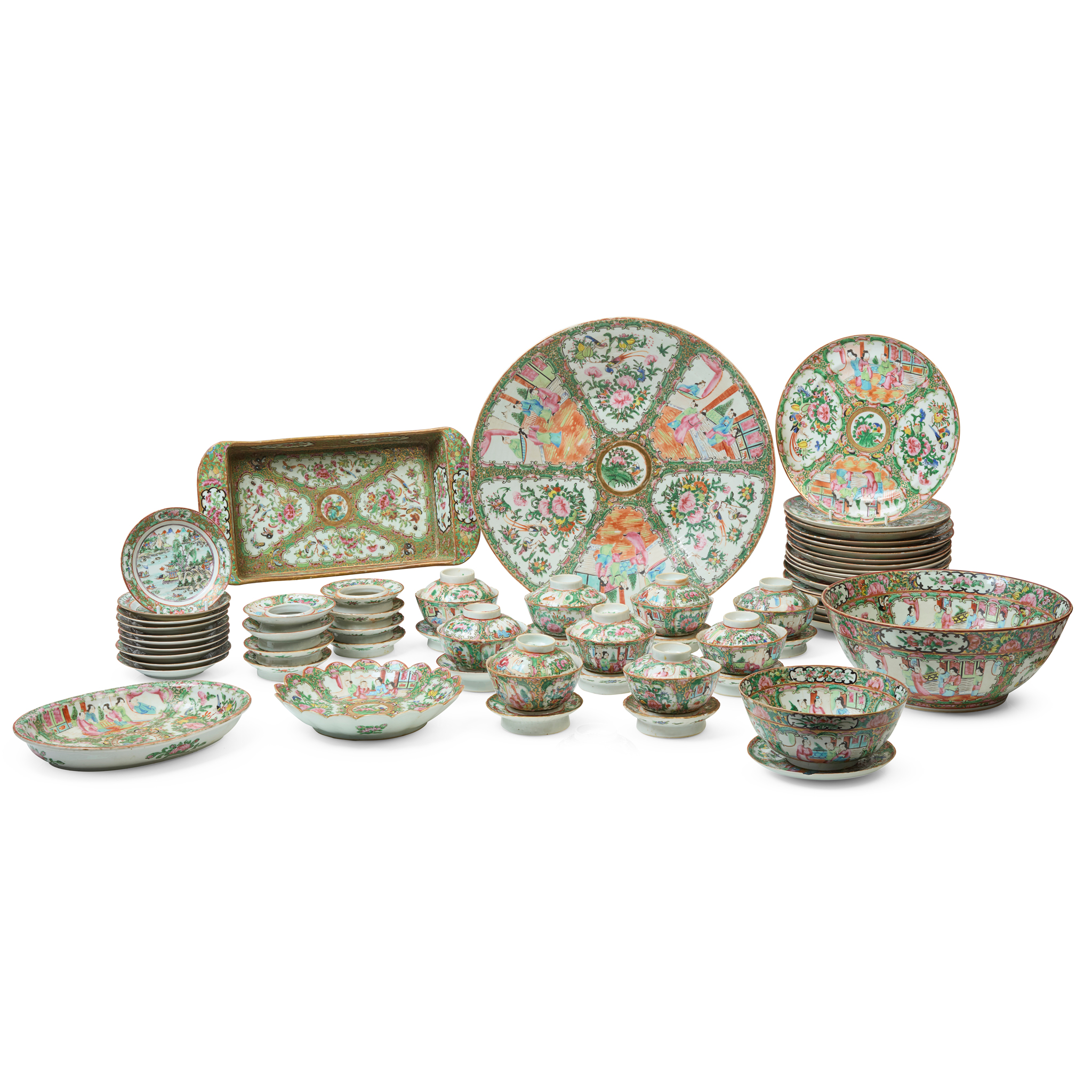 LARGE GROUP OF SEVENTY ONE CANTON FAMILLE ROSE WARES
