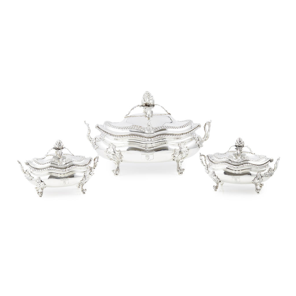 A RARE SUITE OF THREE GEORGE IV TUREENS