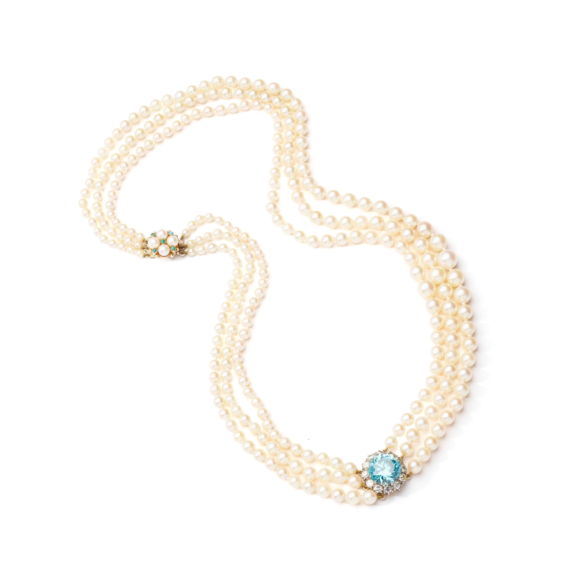 A cultured pearl, blue zircon and diamond three-strand necklace