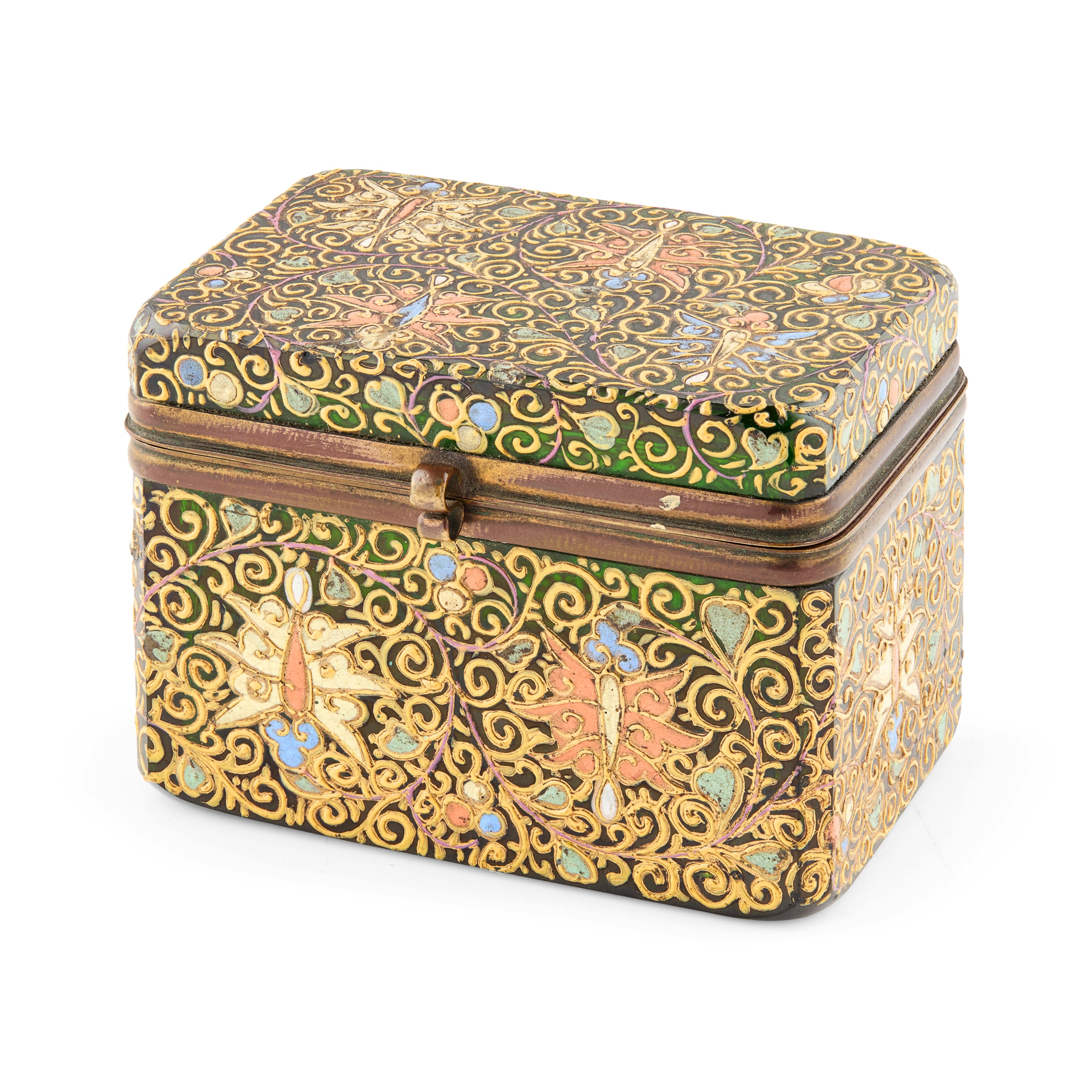 BOHEMIAN ENAMELLED GREEN GLASS BOX