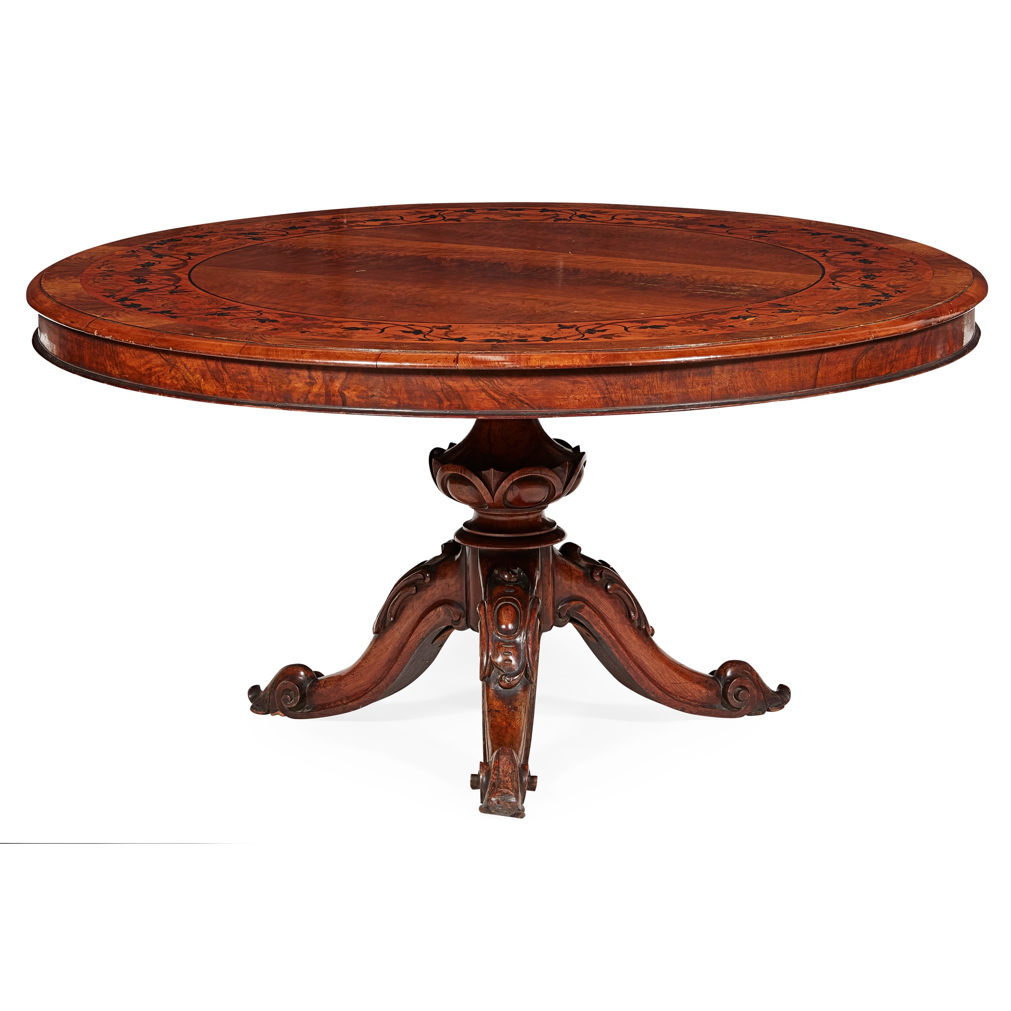 EARLY VICTORIAN MAHOGANY, SATINWOOD, WALNUT, AND MARQUETRY CENTRE TABLE