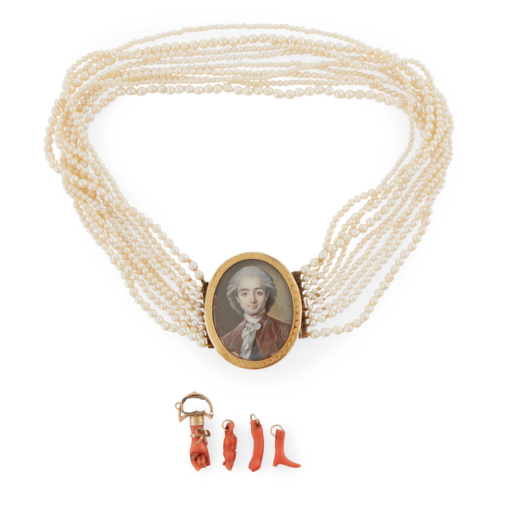 An early 19th Century pearl and portrait miniature necklace