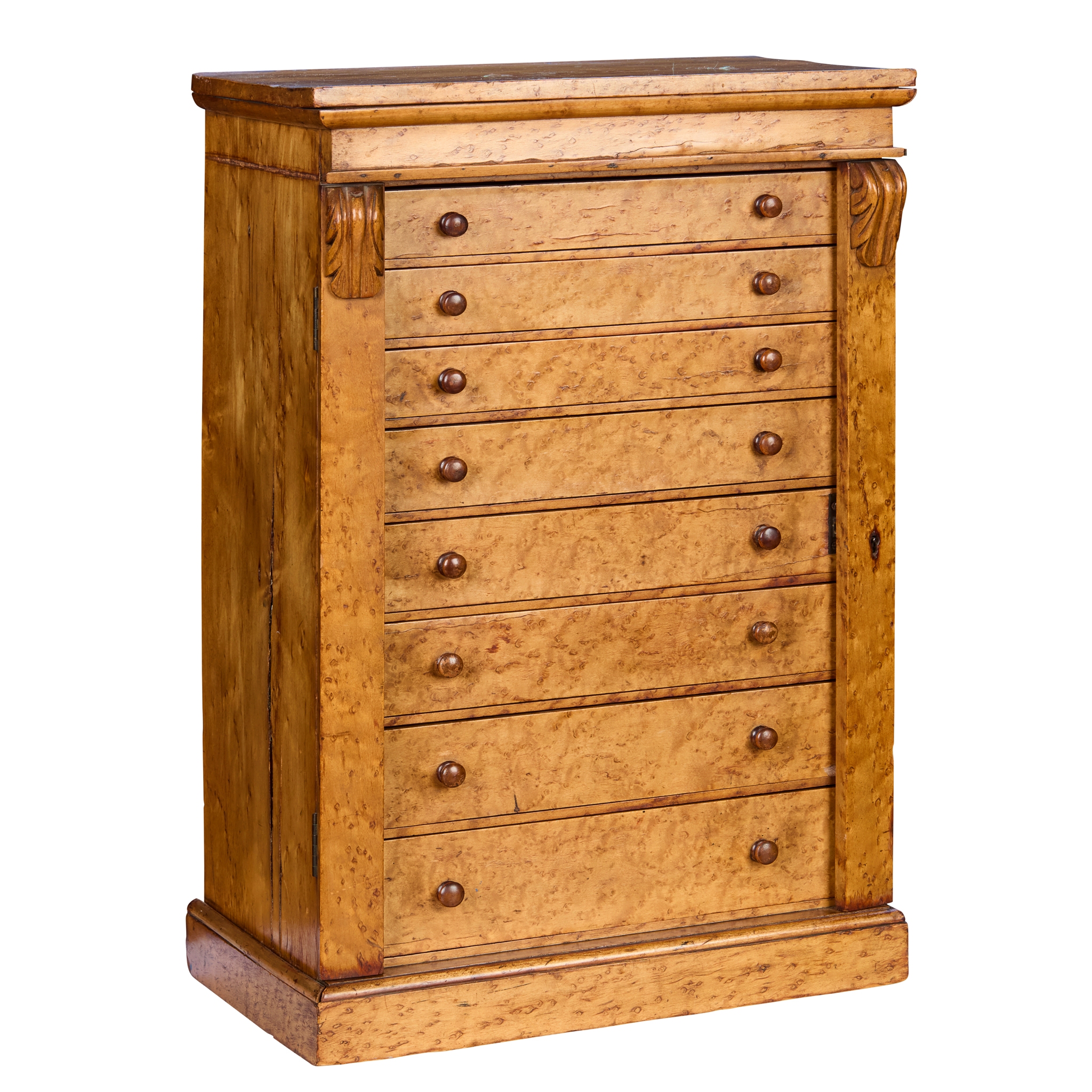 EARLY VICTORIAN TABLE-TOP BIRD'S EYE MAPLE COLLECTOR'S WELLINGTON CHEST