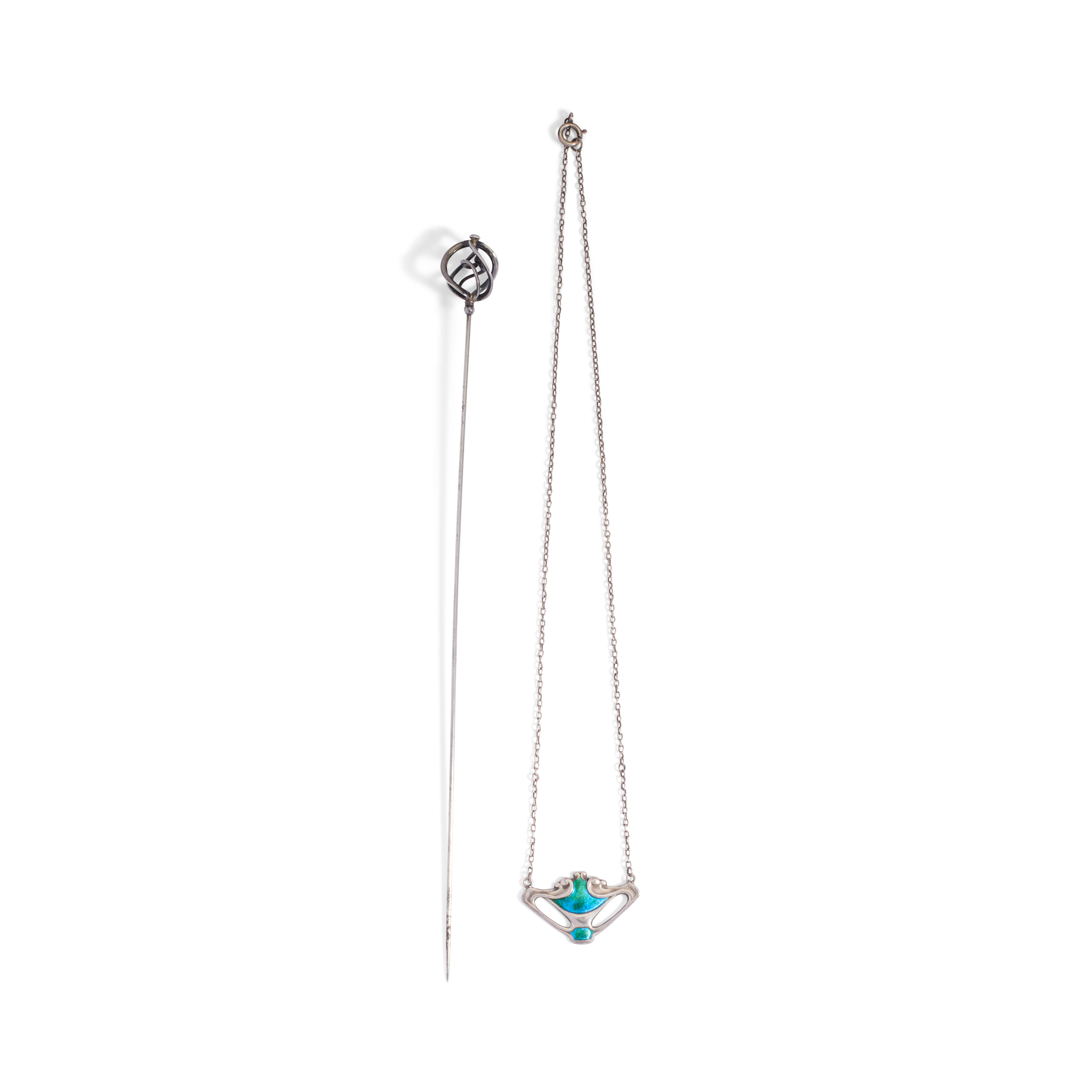 Charles Horner: An Art Nouveau silver enamel pendant necklace and hat pin