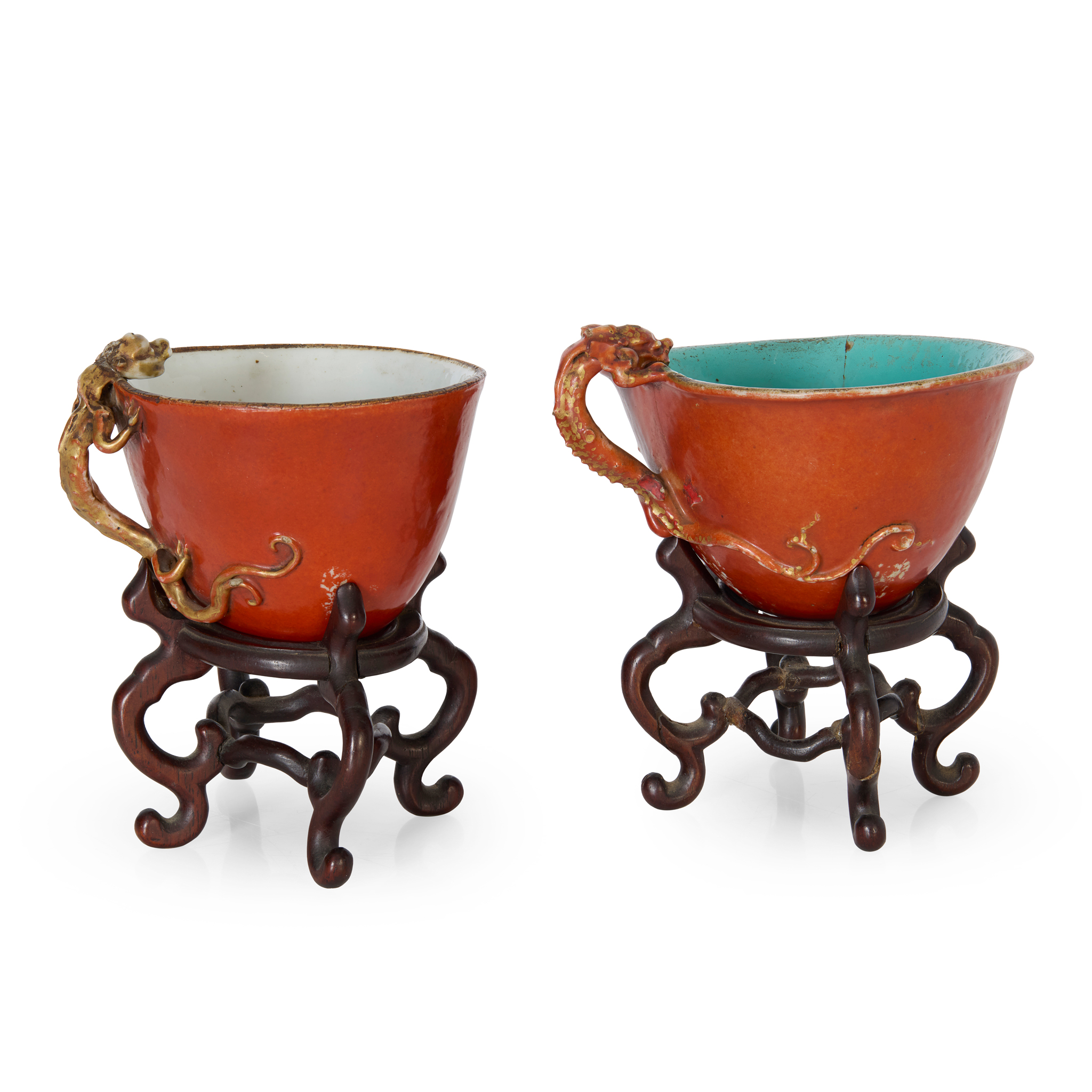 TWO CHINESE CORAL-RED-GLAZED AND GILT-DECORATED MOULDED 'CHI DRAGON' CUPS