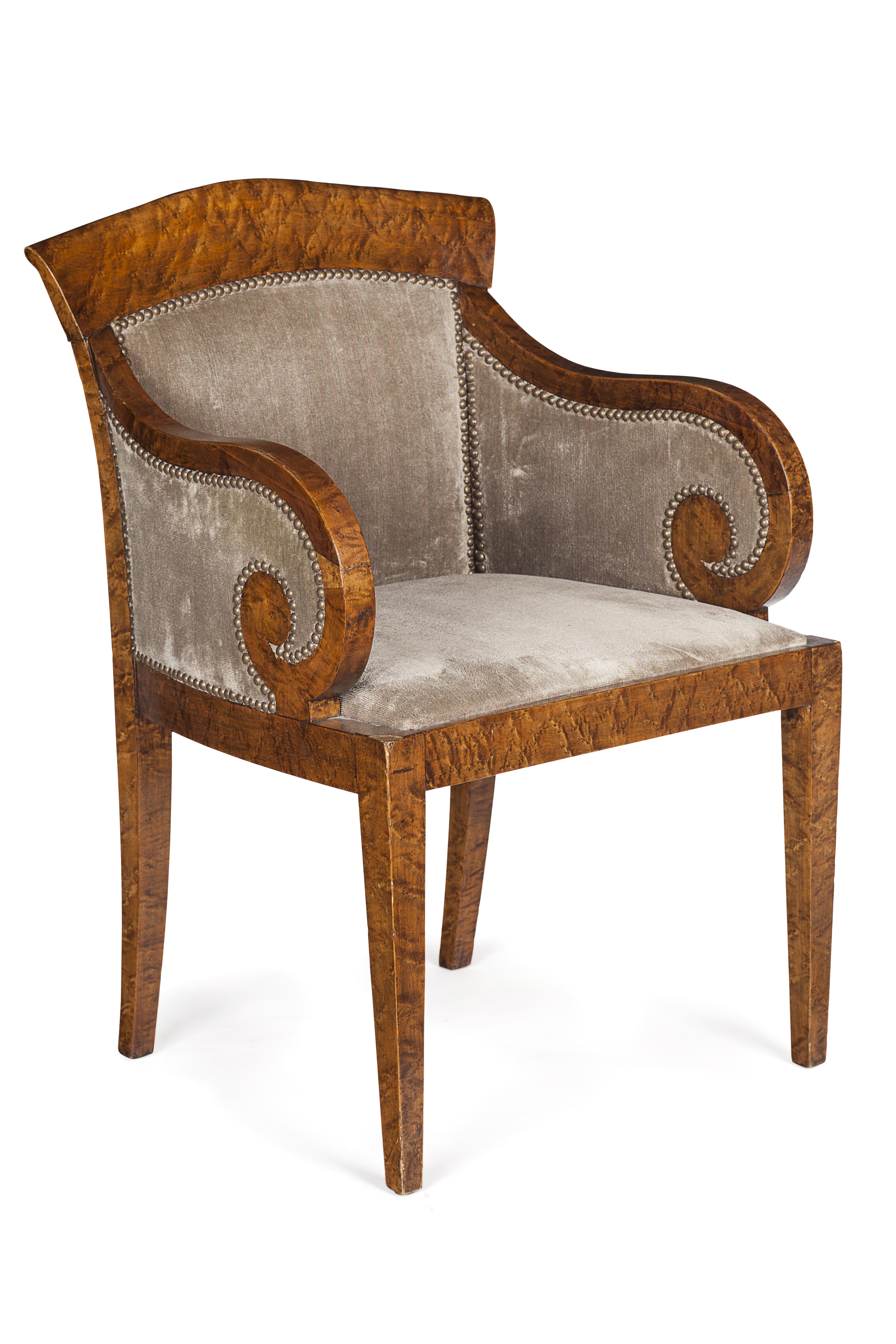 BEIDERMEIER BURR WOOD AND UPHOLSTERED ARMCHAIR