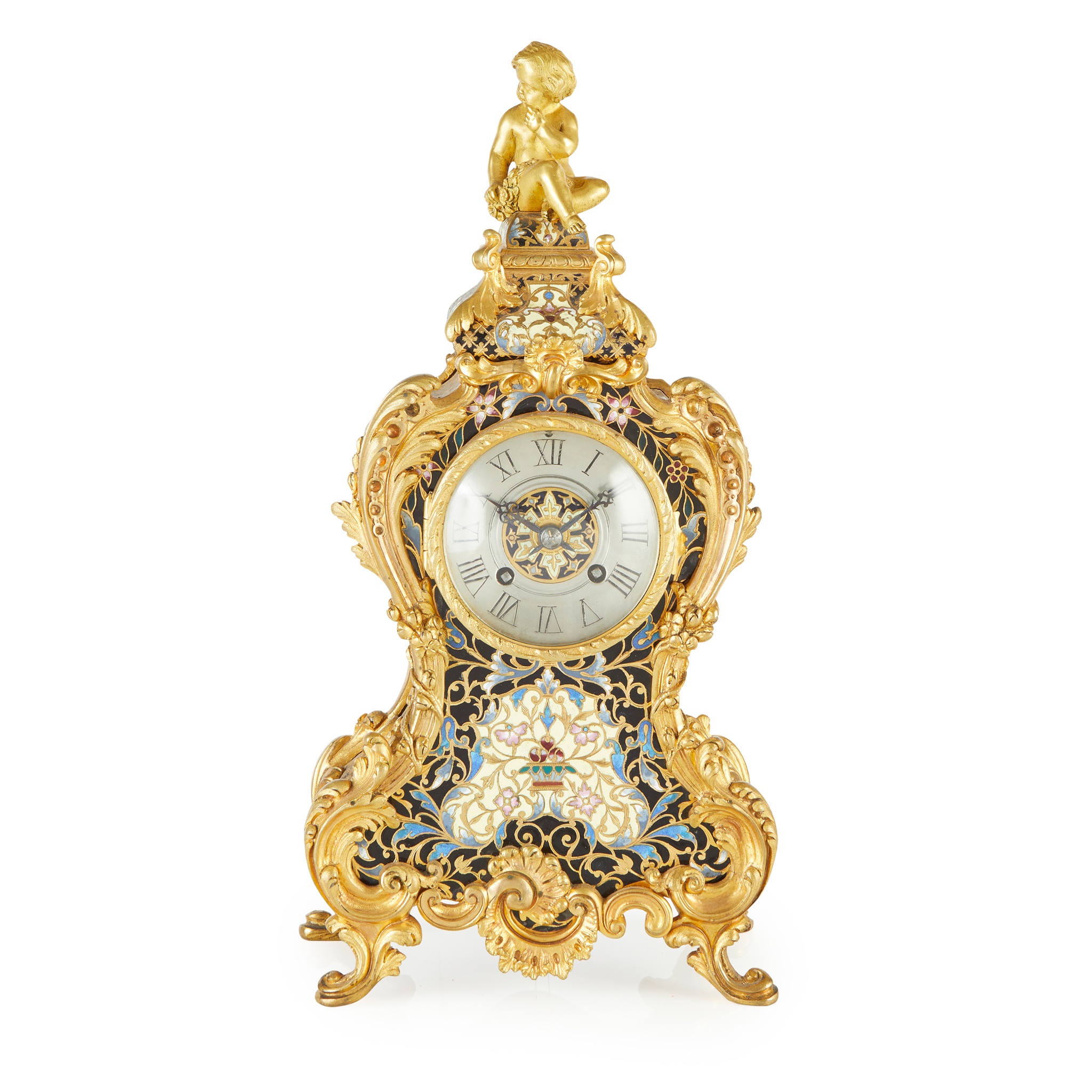 FRENCH GILT BRONZE AND CHAMPLEVÉ ENAMEL MANTLE CLOCK