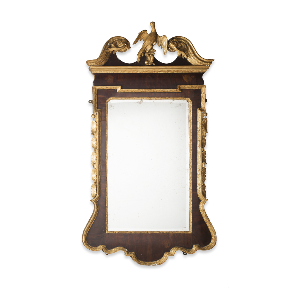 GEORGE II WALNUT AND PARCEL GILT MIRROR