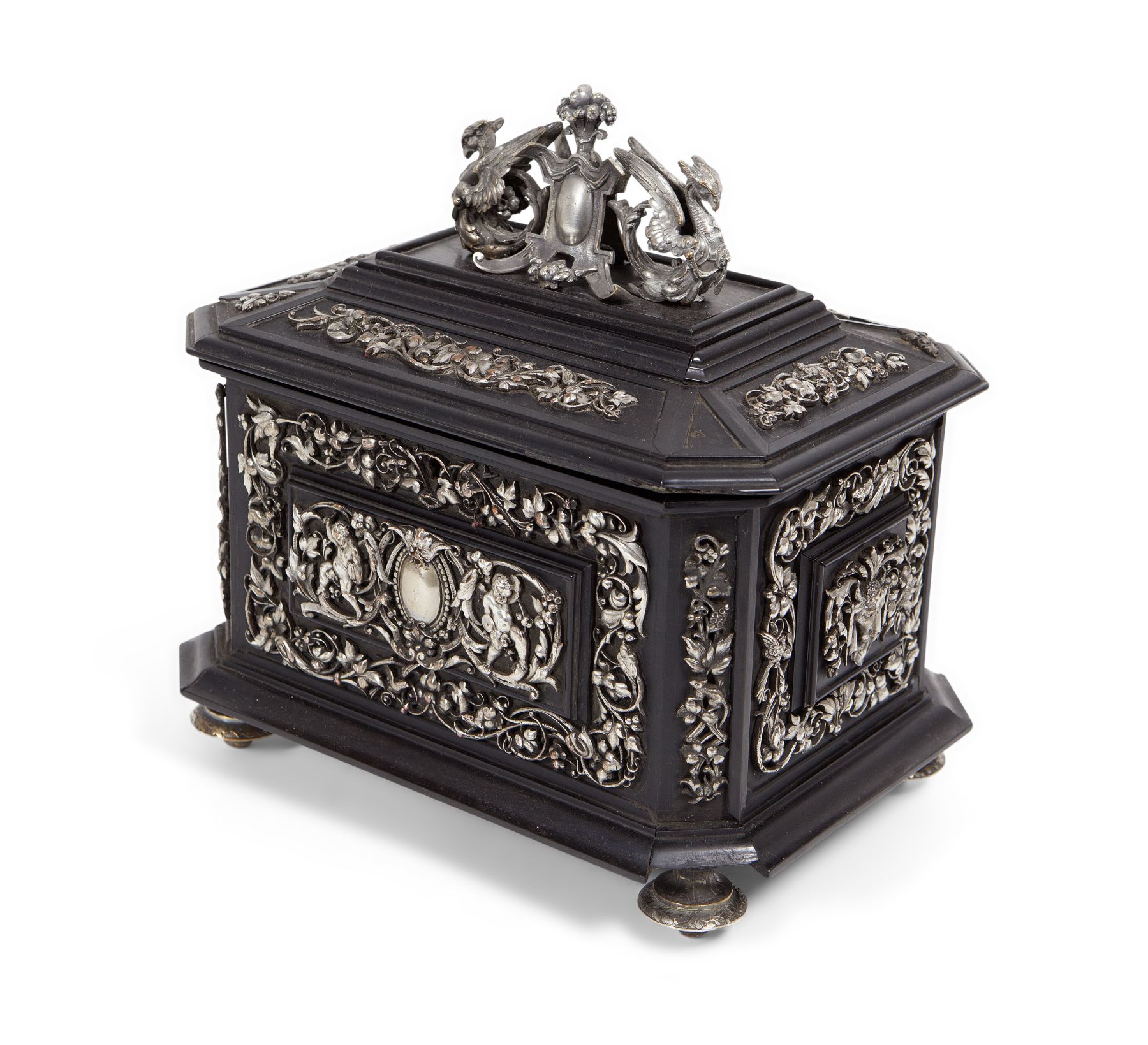 FRENCH BAROQUE STYLE EBONY AND SILVERED BRONZE MOUNTED CASKET