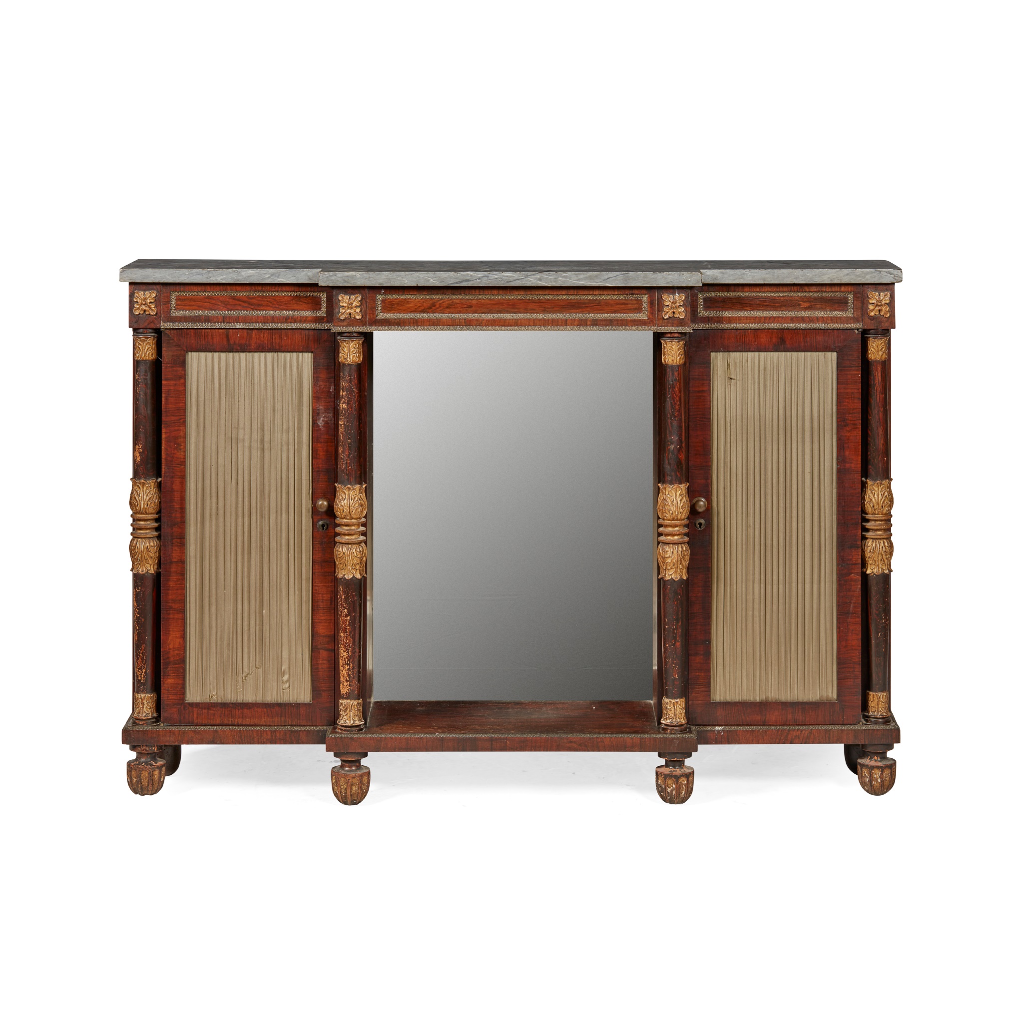 REGENCY ROSEWOOD, SIMULATED ROSEWOOD, AND GREY MARBLE, PARCEL GILT CREDENZA