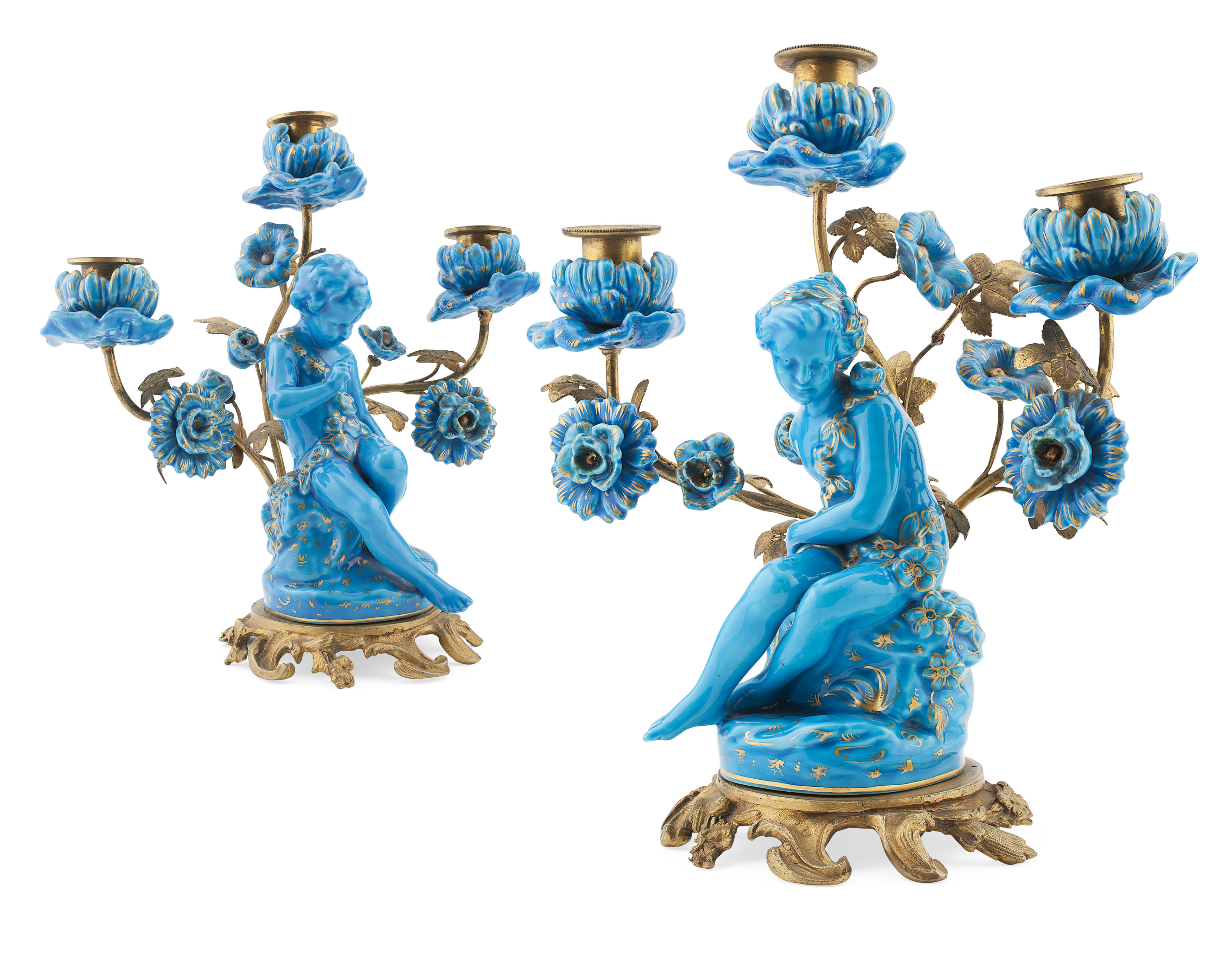 PAIR OF SEVRES STYLE BLUE GLAZED FIGURAL CANDELABRA