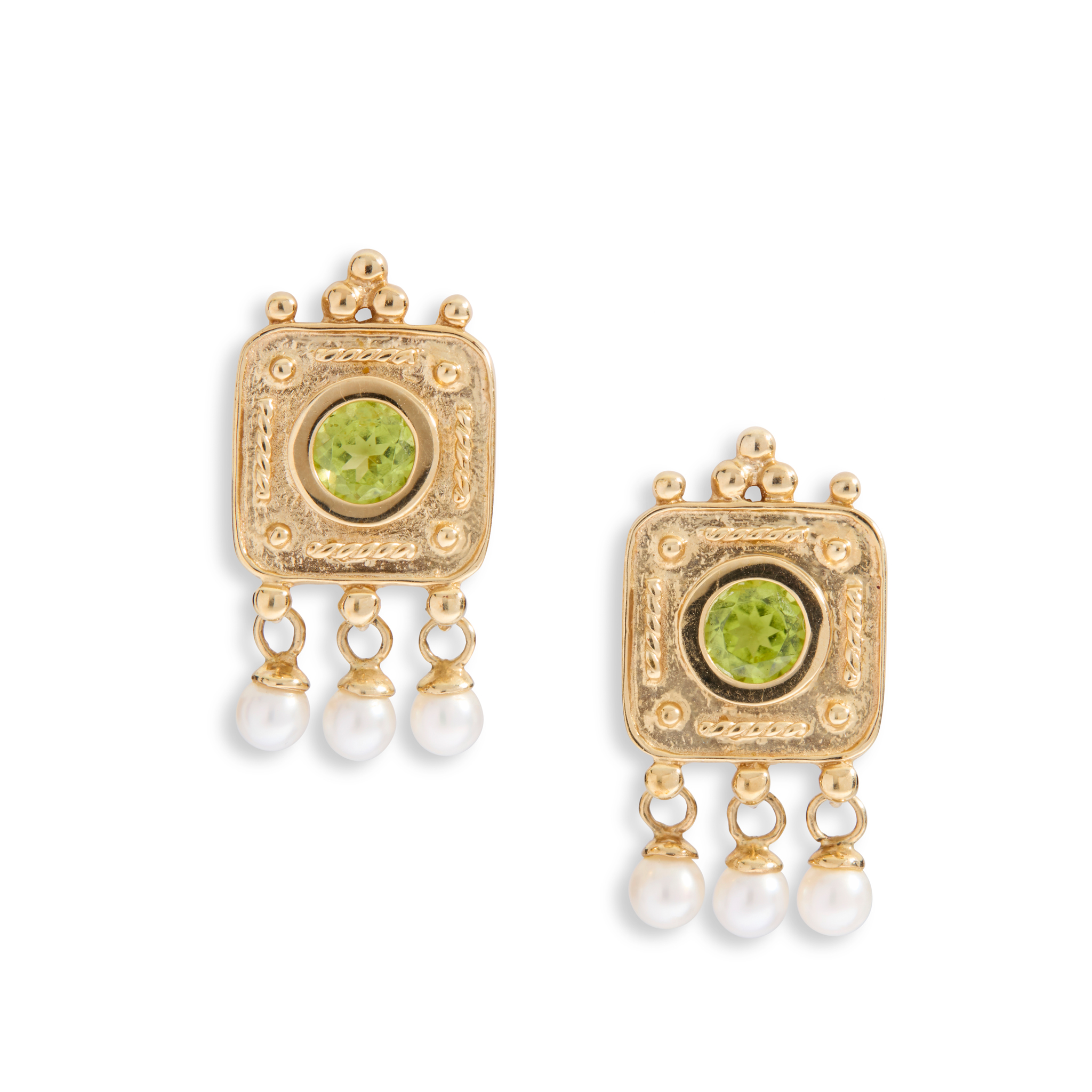 A pair of 9ct gold peridot and pearl drop earrings