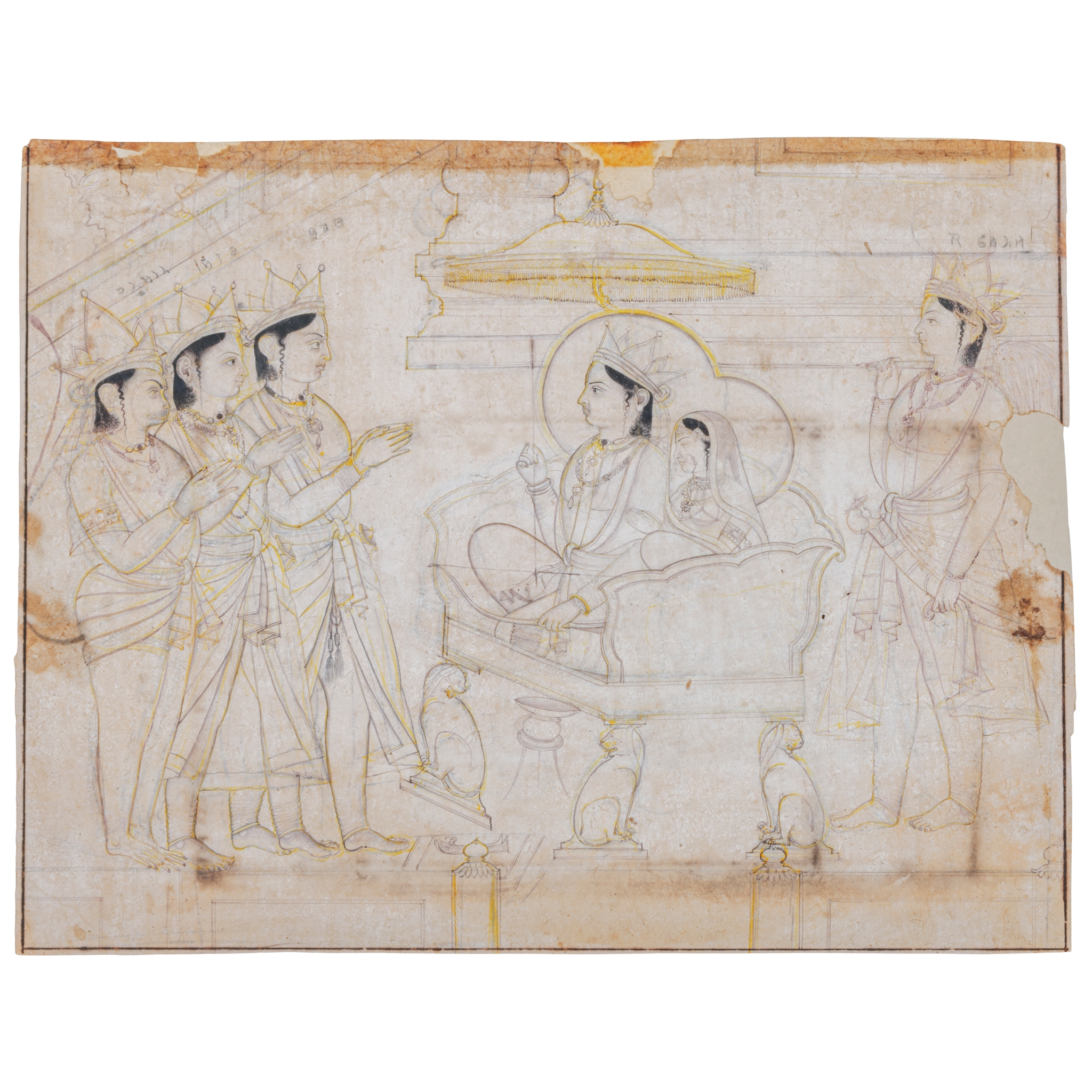 AN ILLUSTRATION FROM A RAMAYANA SERIES BY A MASTER PAHARI ARTIST: THE CORONATION OF RAMA