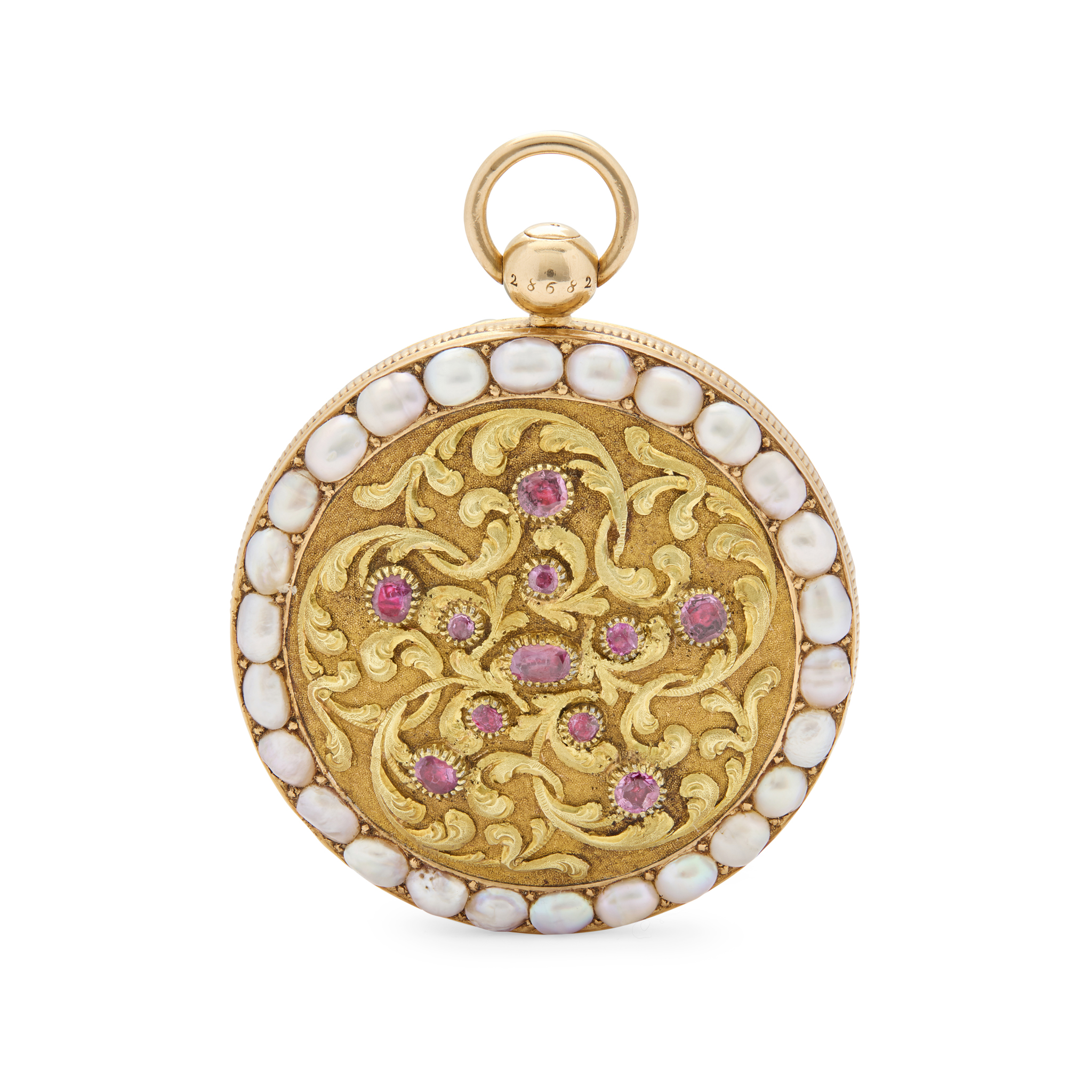 An unusual metal, split pearl and ruby set key-wind fob watch