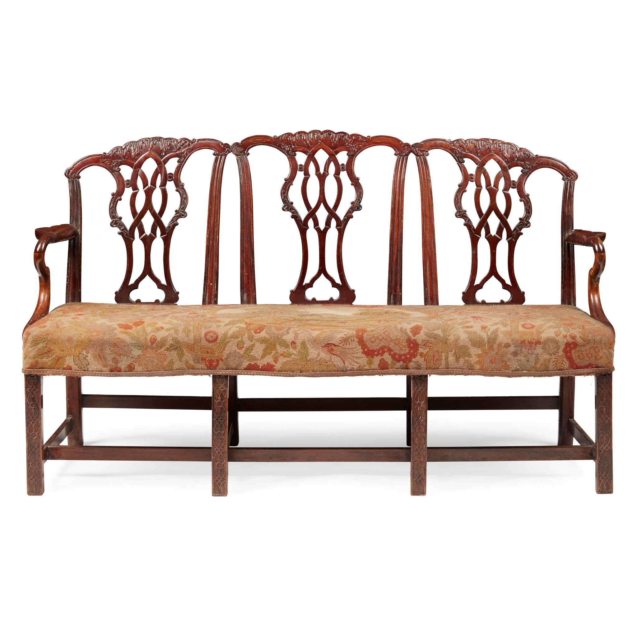 IRISH GEORGE III MAHOGANY TRIPLE CHAIRBACK SETTEE
