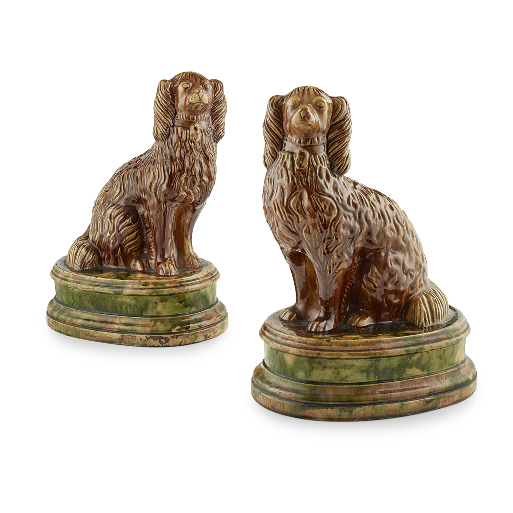 PAIR OF LARGE SCOTTISH GLAZED POTTERY SPANIELS