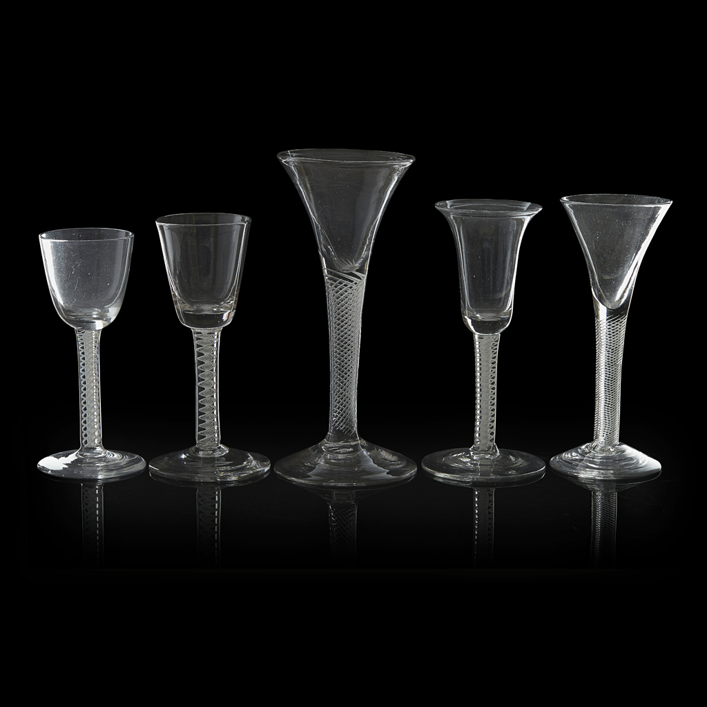 FIVE GEORGIAN TWIST-STEM WINE GLASSES