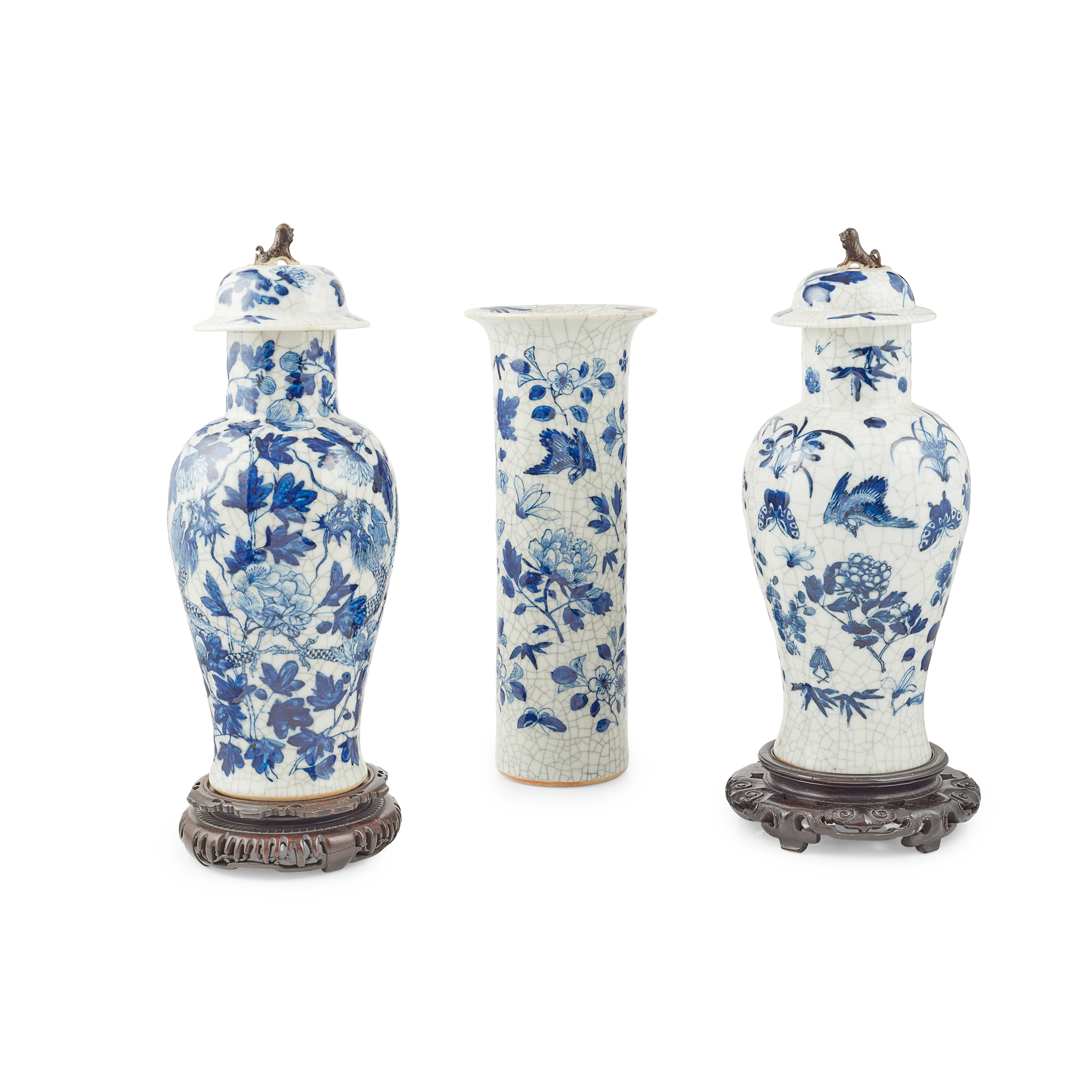 CRACKLE-GROUND BLUE AND WHITE THREE-PIECE GARNITURE