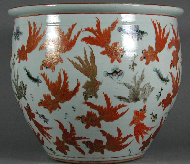 A large Chinese rouge de fer painted fish bowl