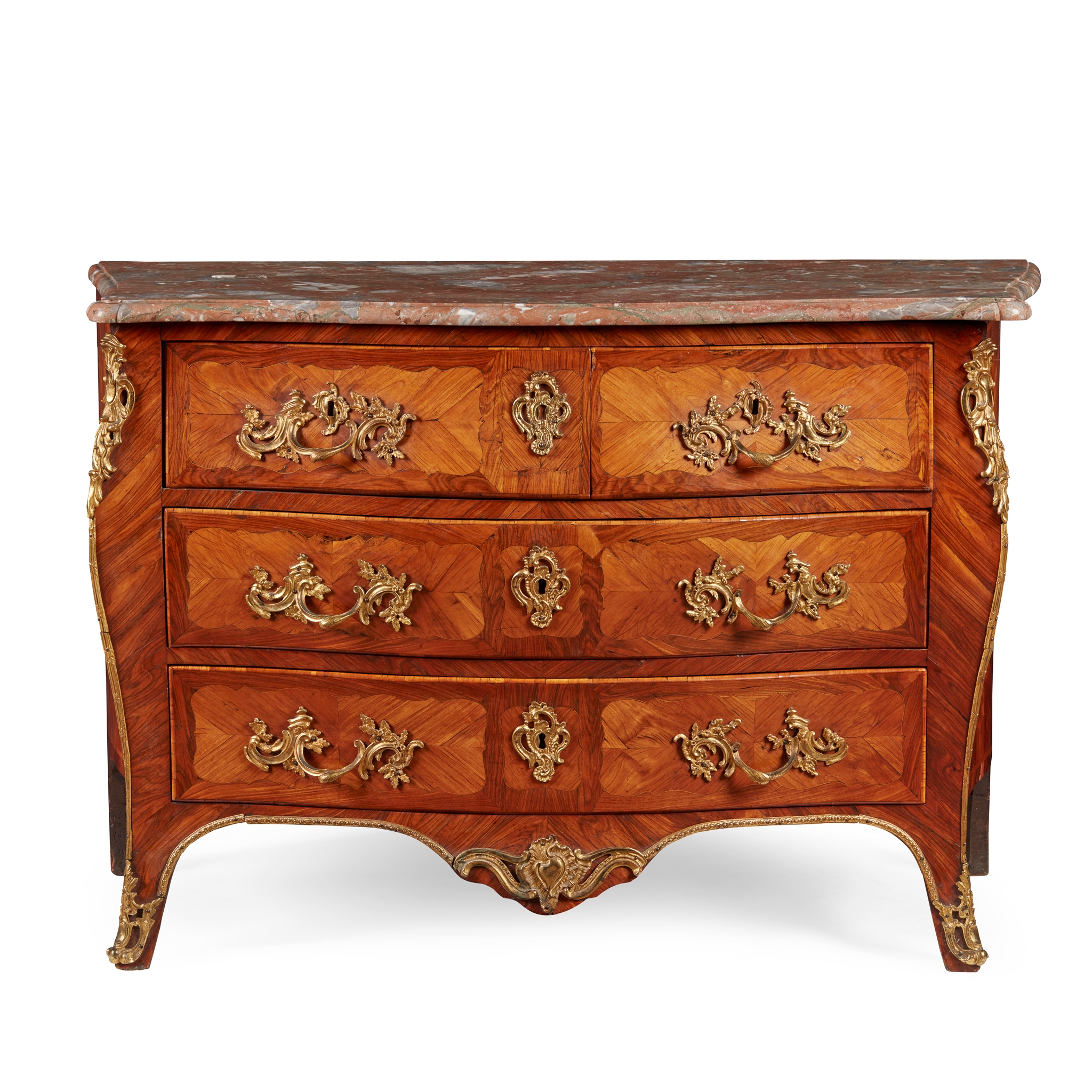 A LOUIS XV KINGWOOD, TULIPWOOD AND PARQUETRY MARBLE TOPPED COMMODE, PARTIALLY STAMPED MOREAU