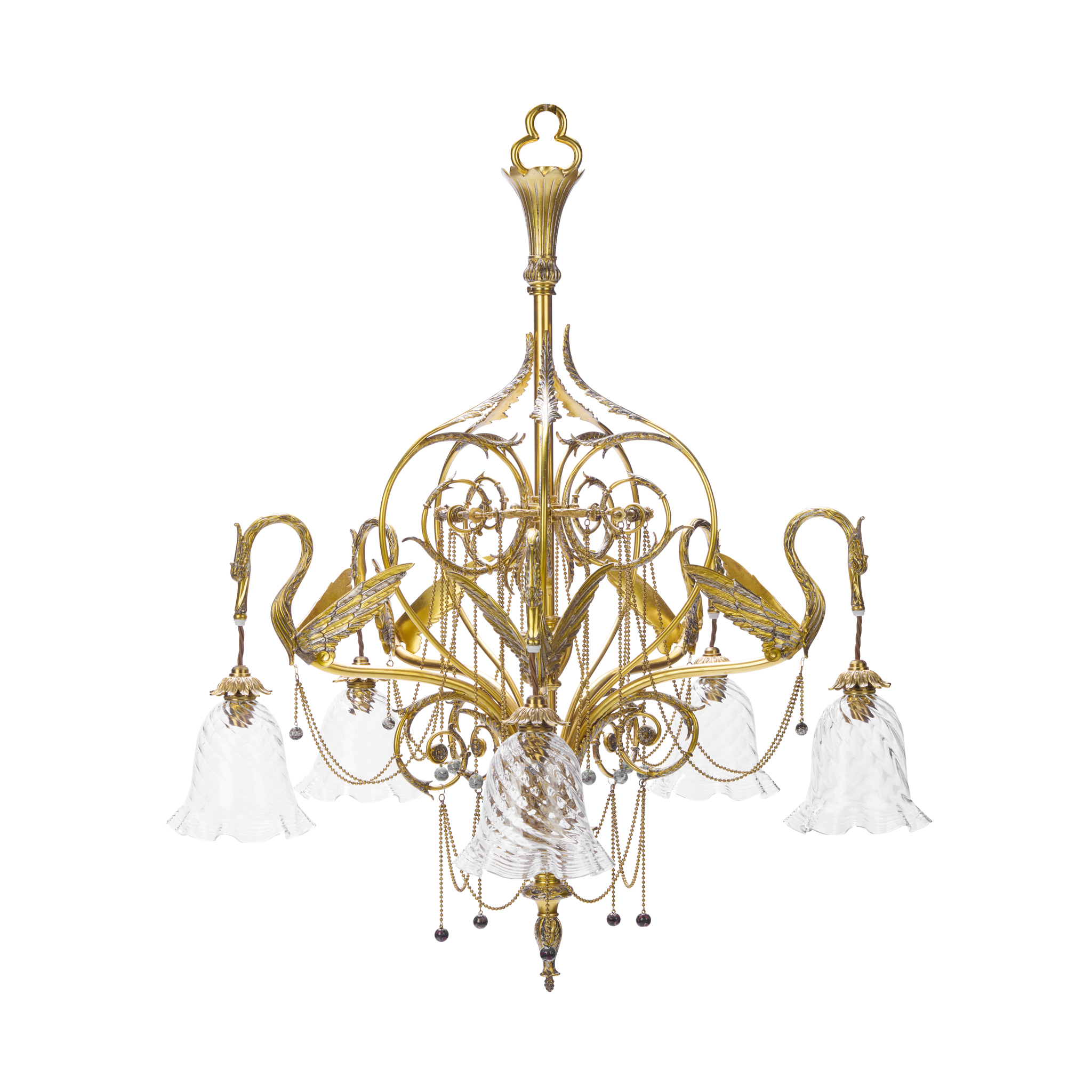 OSLER GILT BRASS AND GLASS FIVE LIGHT CHANDELIER