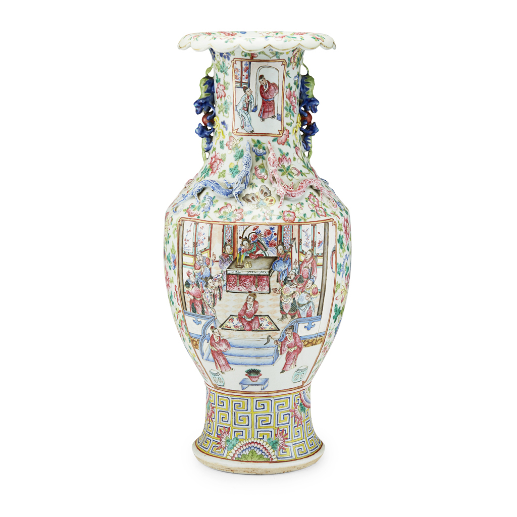 LARGE CANTON FAMILLE ROSE BALUSTER VASE