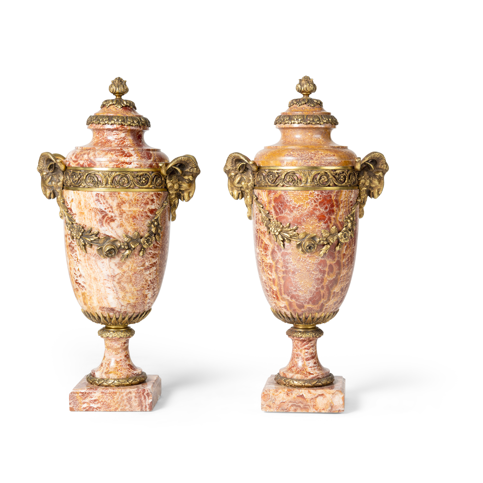 A LARGE PAIR OF PINK MARBLE AND GILT METAL MOUNTED URNS AND COVERS