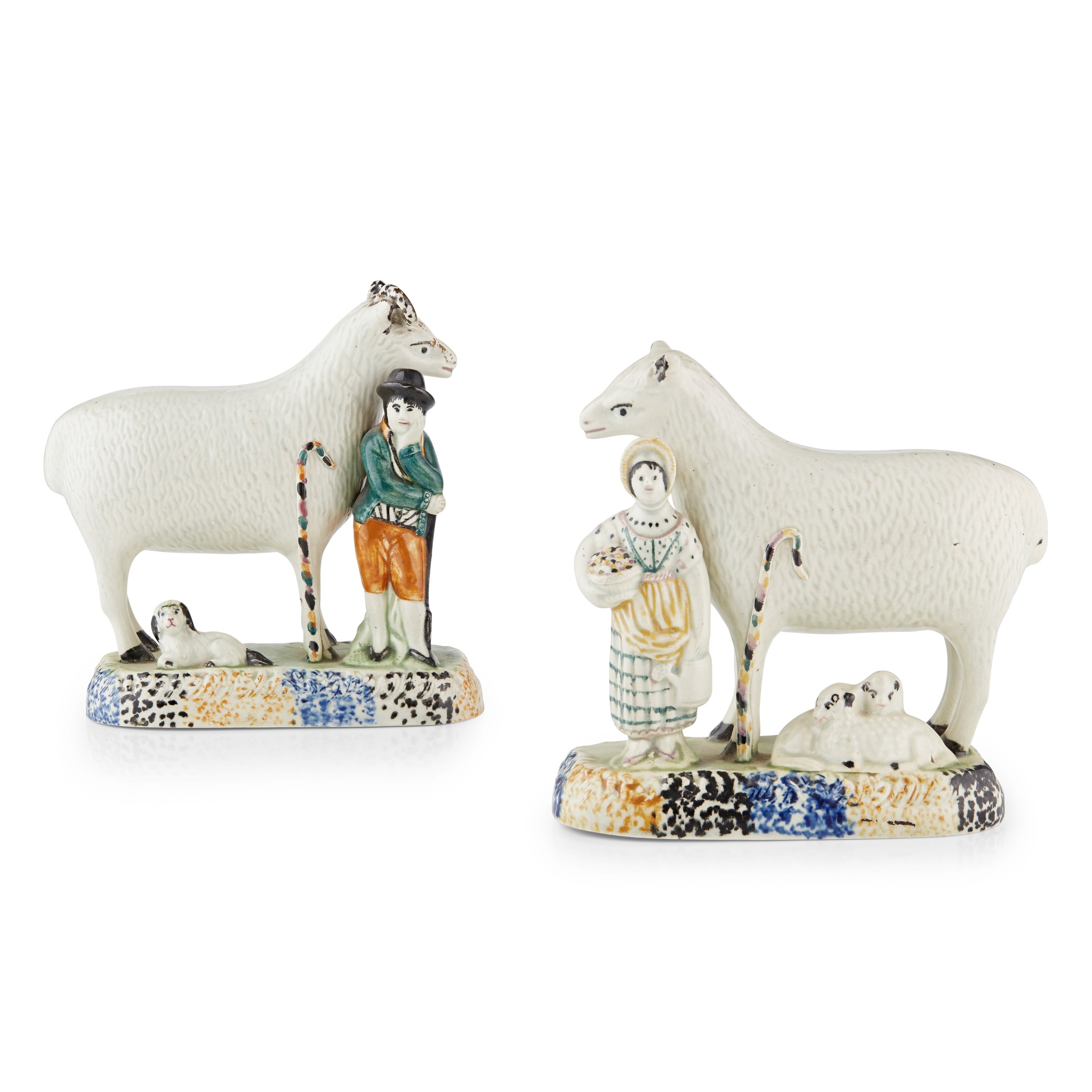 PAIR OF YORKSHIRE PEARLWARE FIGURES OF A RAM AND A SHEEP
