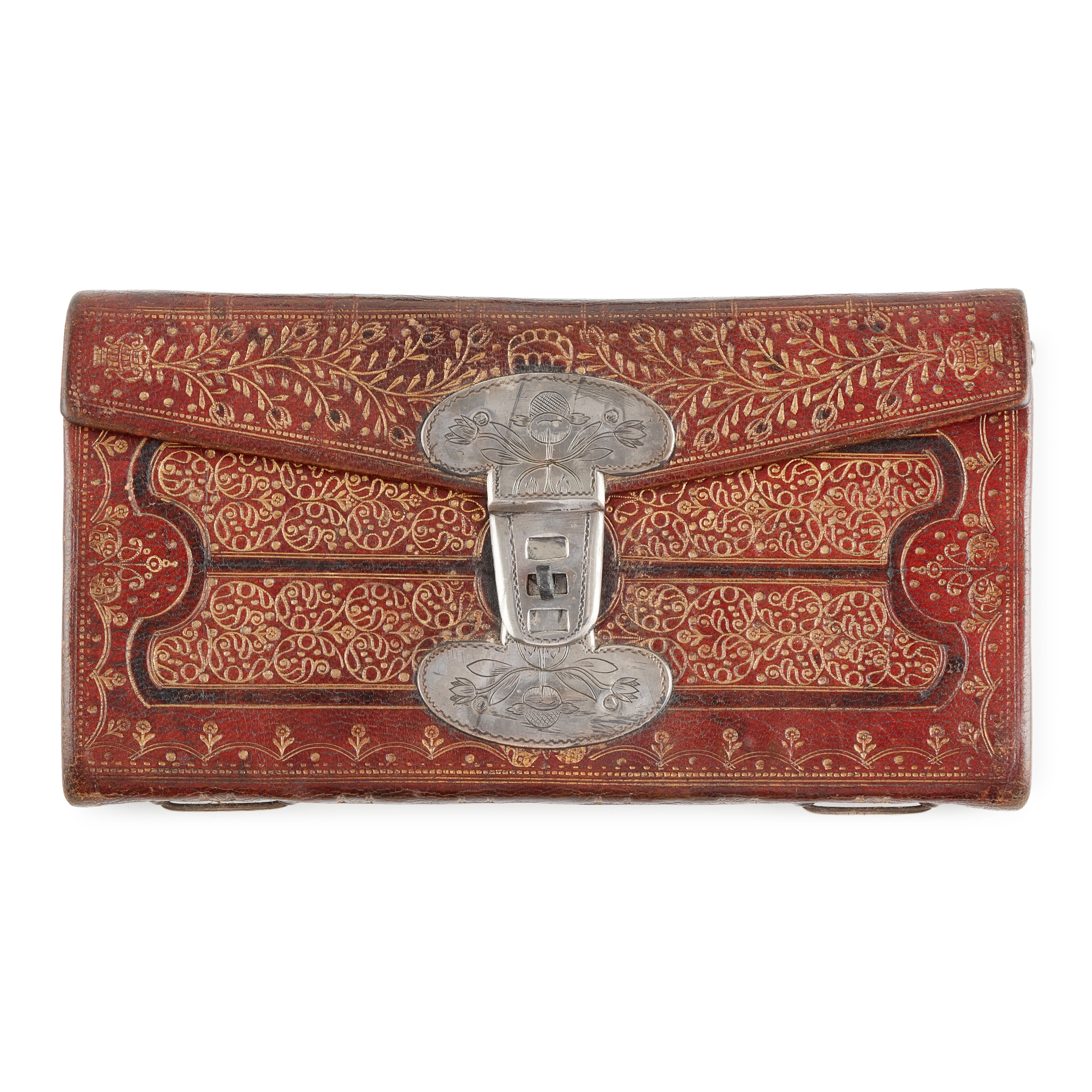 A FINE EARLY 18TH CENTURY GILT TOOLED LEATHER AND SILVER MOUNTED POCKET BOOK