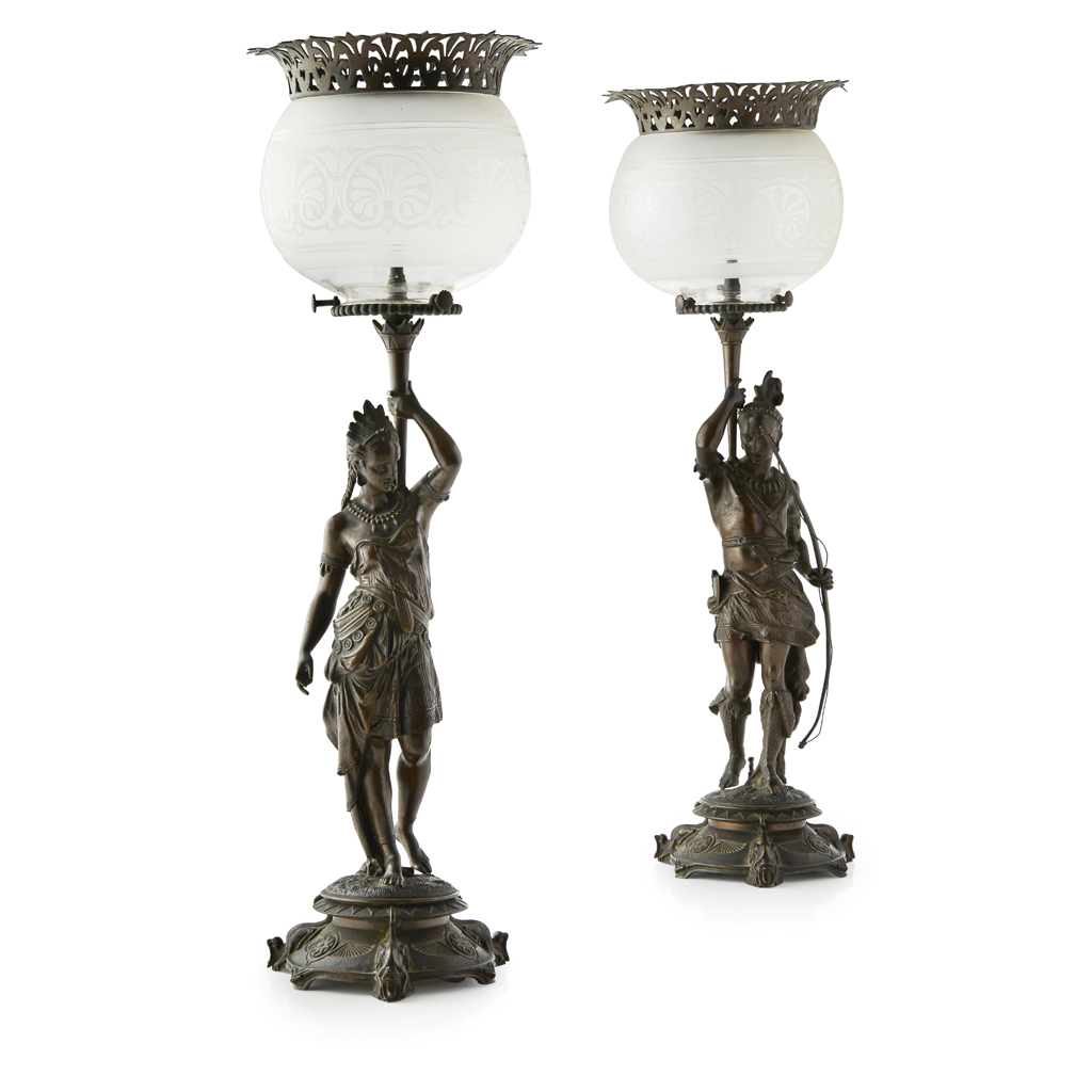 PAIR OF VICTORIAN PATINATED BRONZE FIGURAL GAS LAMPS, BY R.W. WINFIELD & CO., BIRMINGHAM