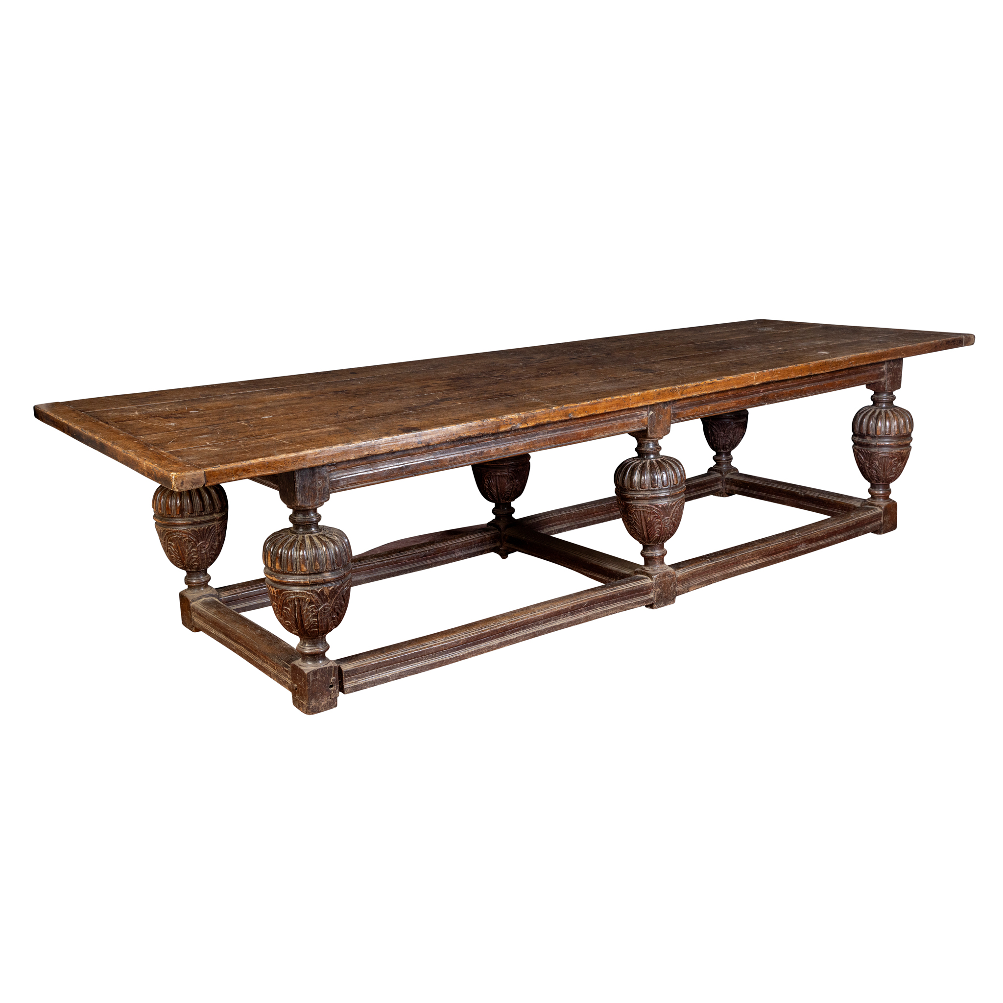 AN OAK PLANK TOP REFECTORY STYLE TABLE