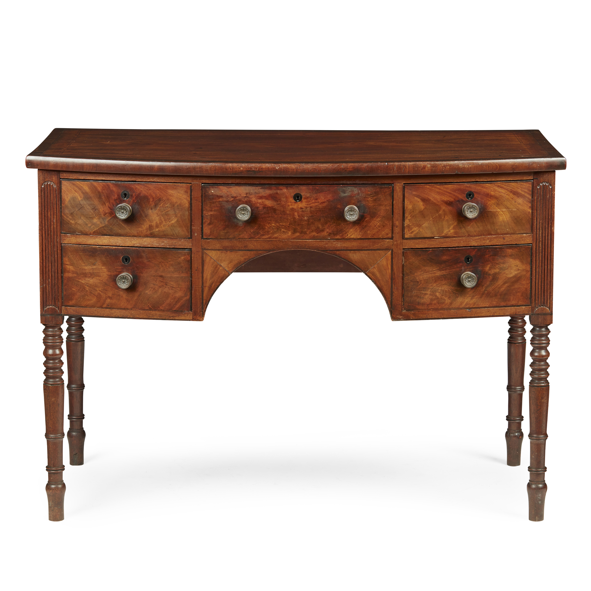 REGENCY MAHOGANY AND EBONY BOWFRONT SERVING TABLE, IN THE MANNER OF GILLOWS