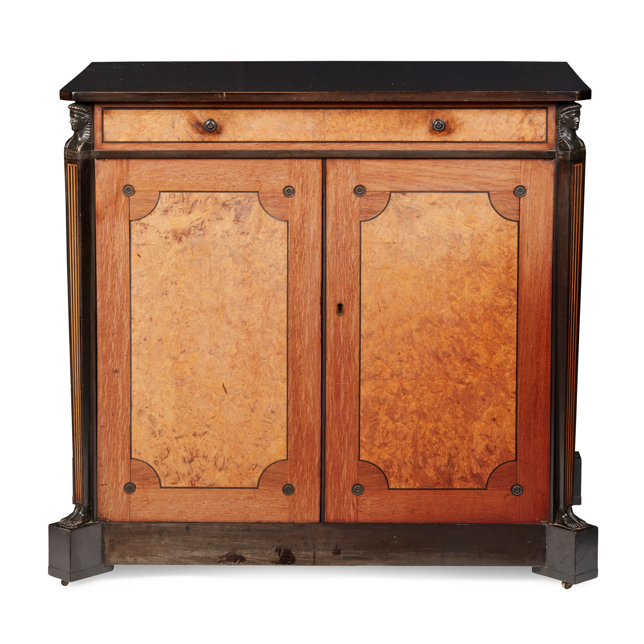 REGENCY EBONY, OAK, AND BURR WALNUT CABINET, IN THE MANNER OF GEORGE OAKLEY