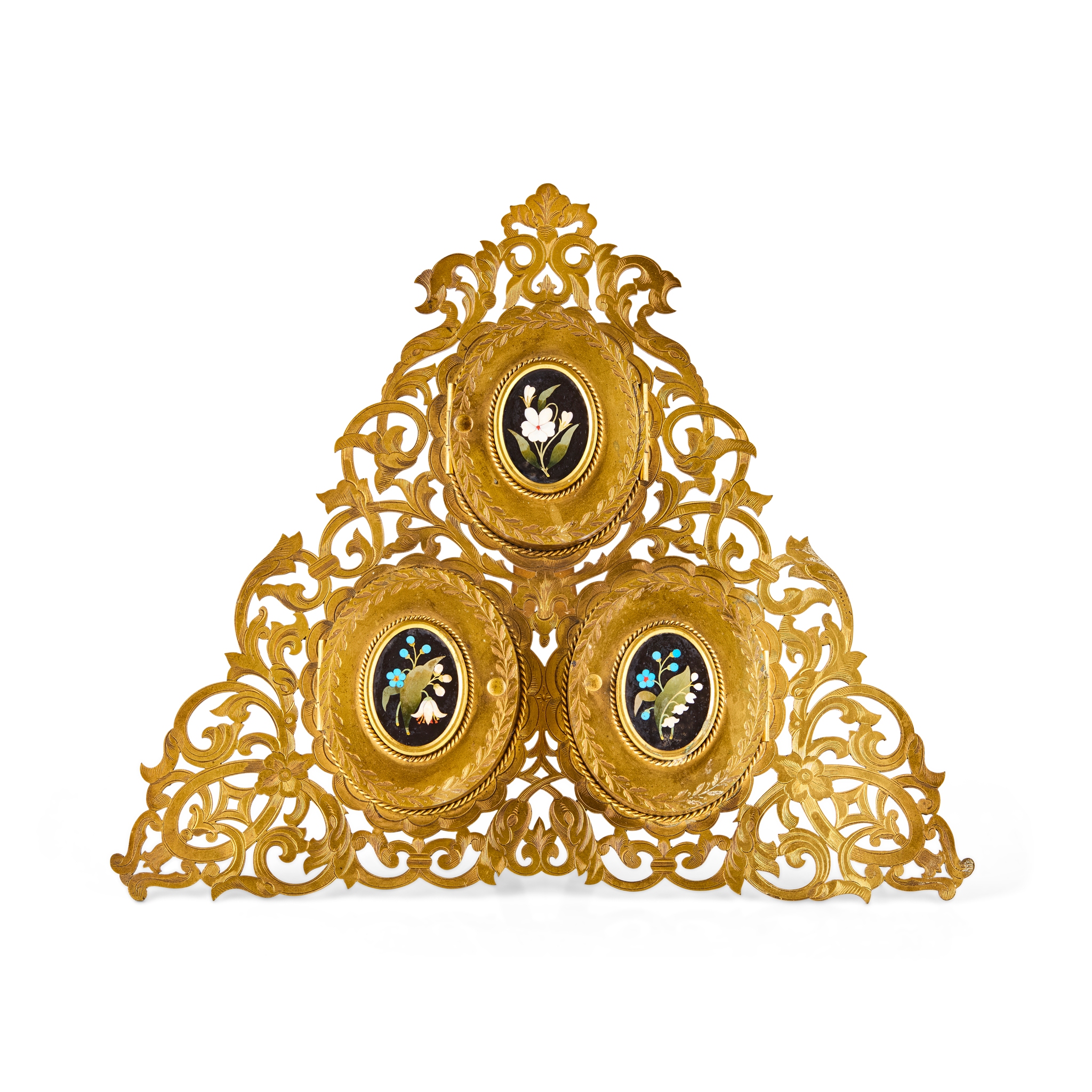 VICTORIAN BRASS AND PIETRA DURA TRIPTYCH PHOTO FRAME, RETAILED BY HOWELL, JAMES & CO. OF REGENT ST.