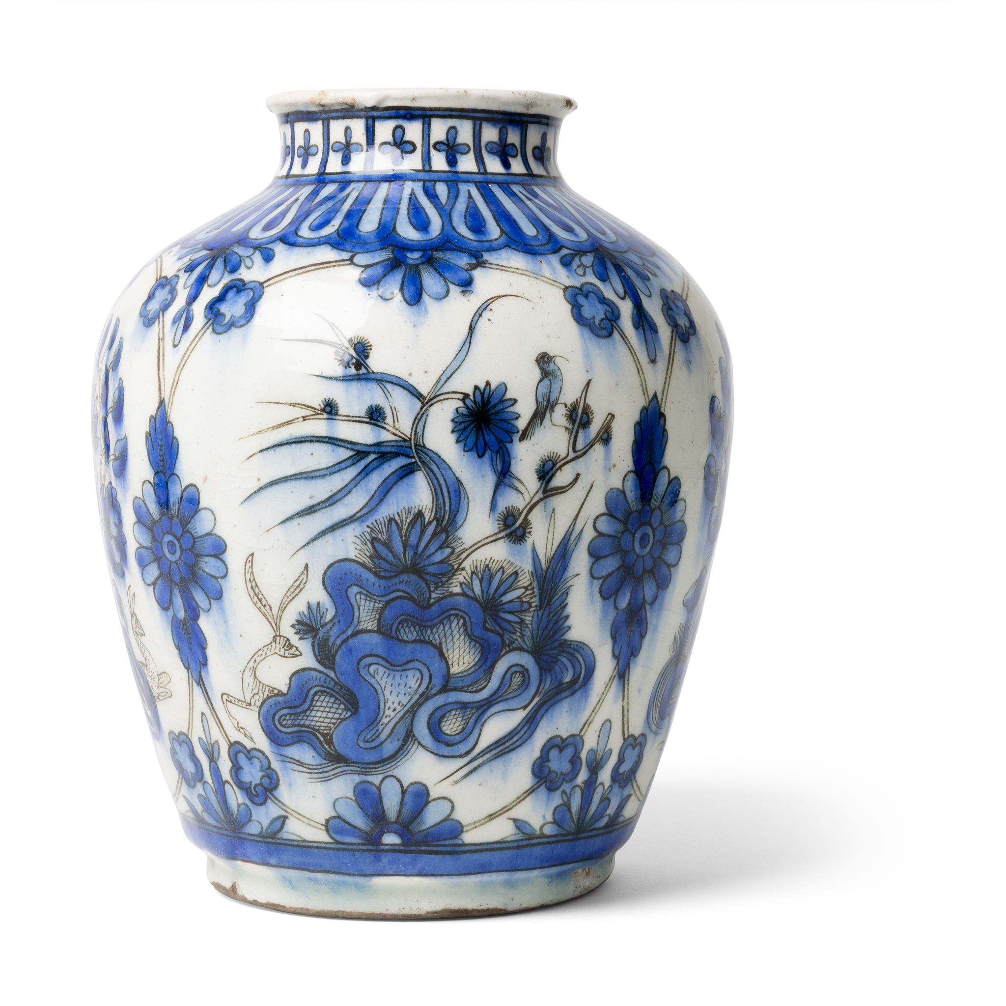 A QAJAR UNDERGLAZE PAINTED POTTERY BLUE AND WHITE JAR