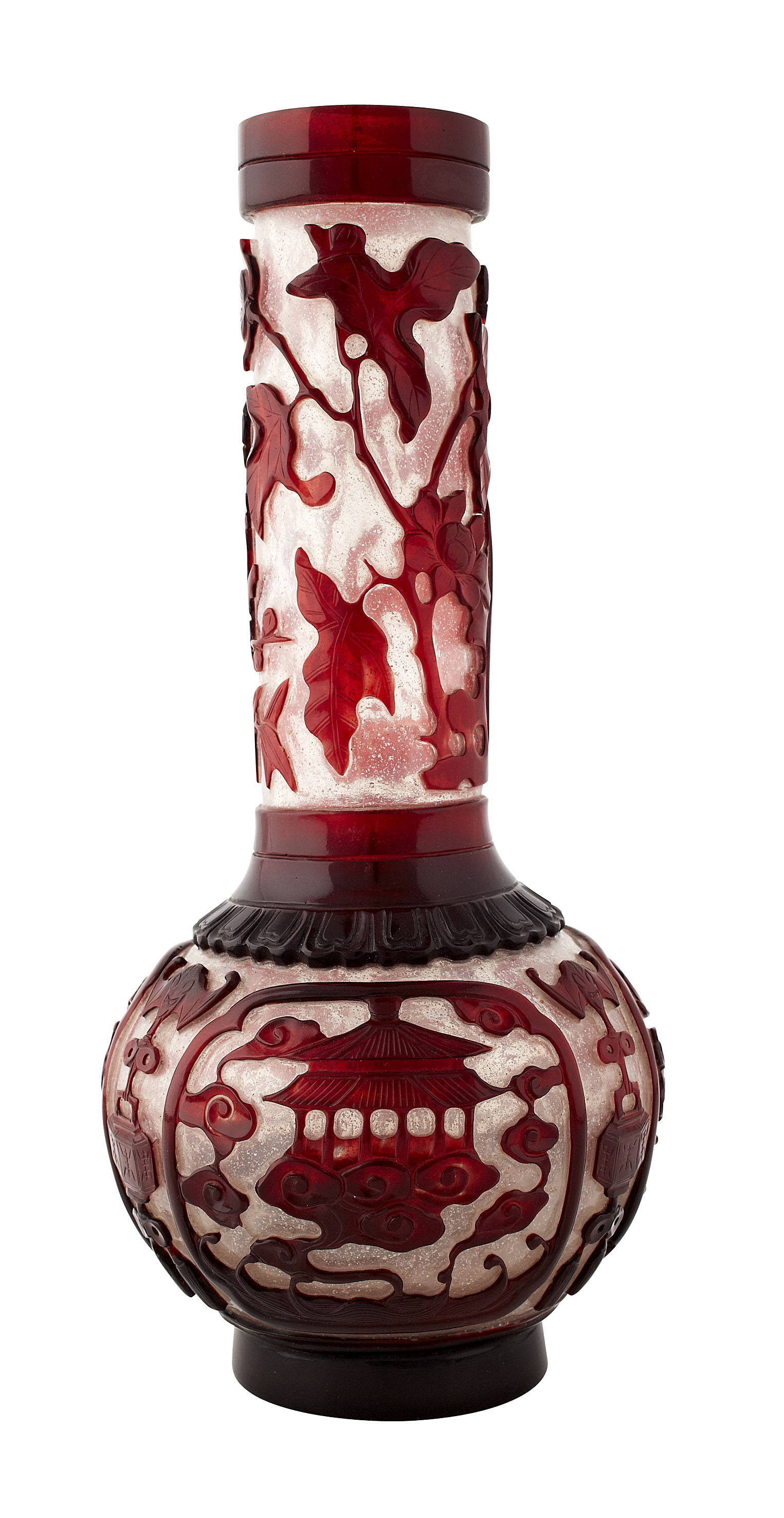 CHINESE RED OVERLAY GLASS BOTTLE VASE
