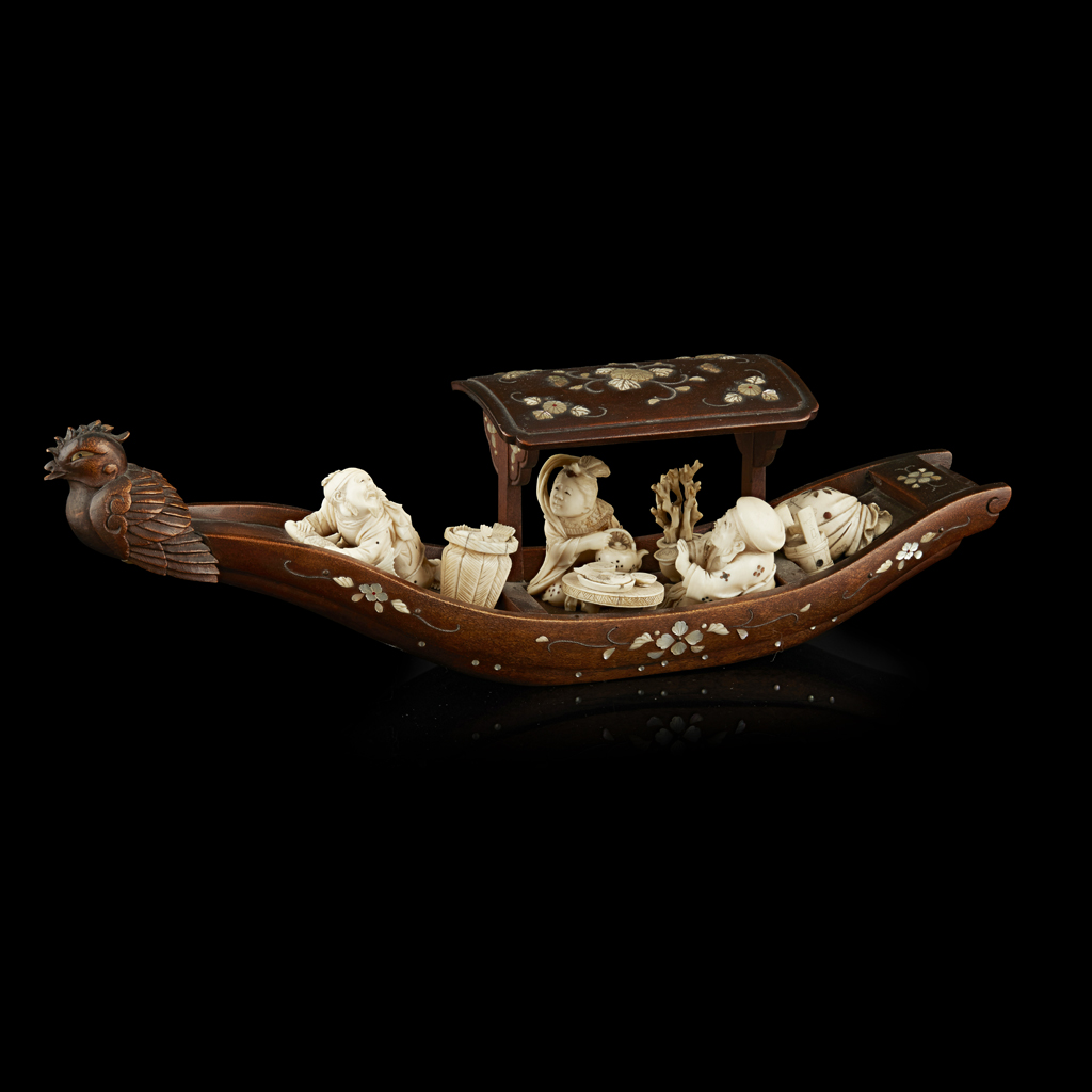SHIBAYAMA INLAID IVORY AND WOOD OKIMONO OF A TREASURE BOAT, TAKARABUNE