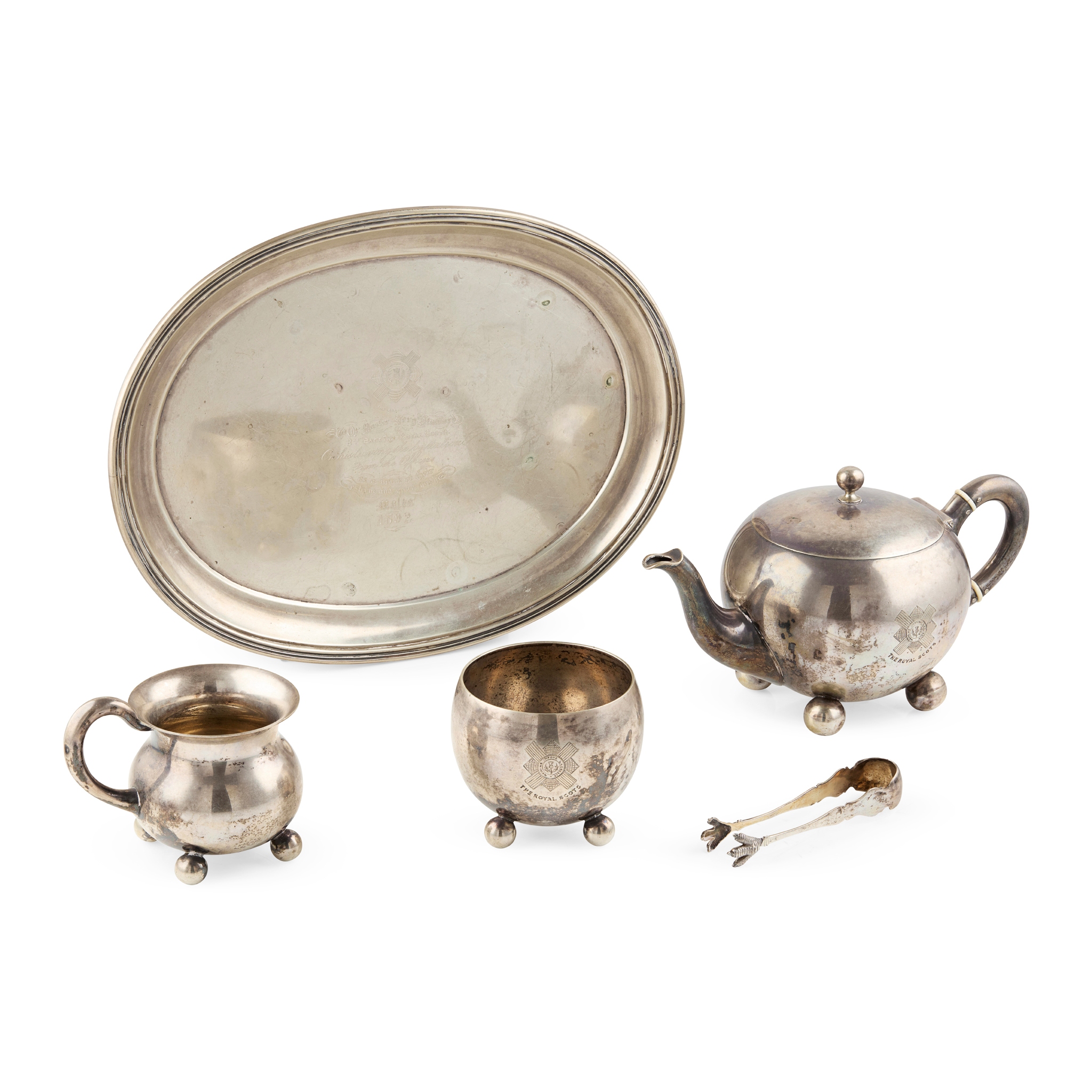 A LATE 19TH CENTURY CONTINENTAL FOUR PIECE TEA SERVICE - SCOT'S GUARD INTEREST