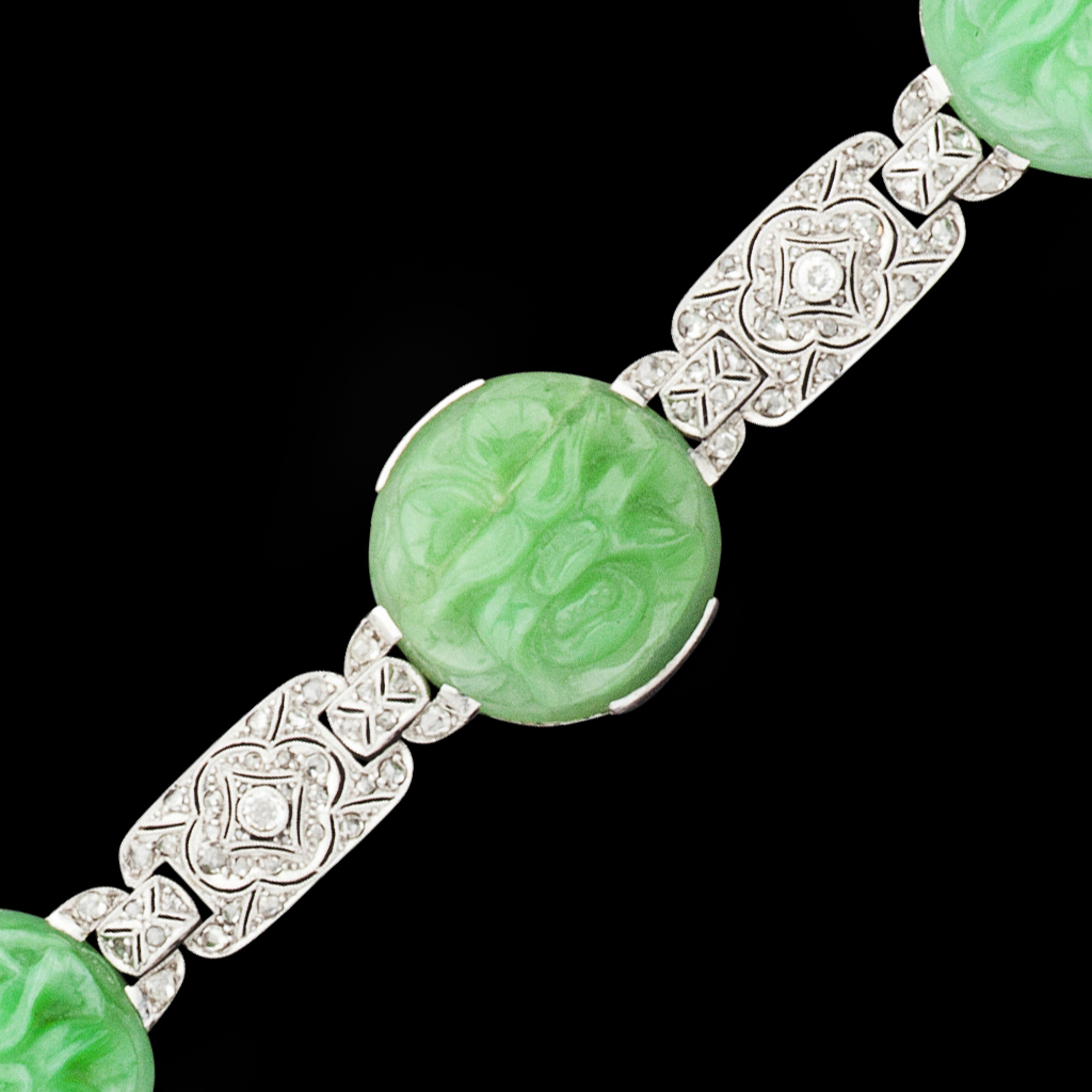 An Art Deco jade and diamond set bracelet
