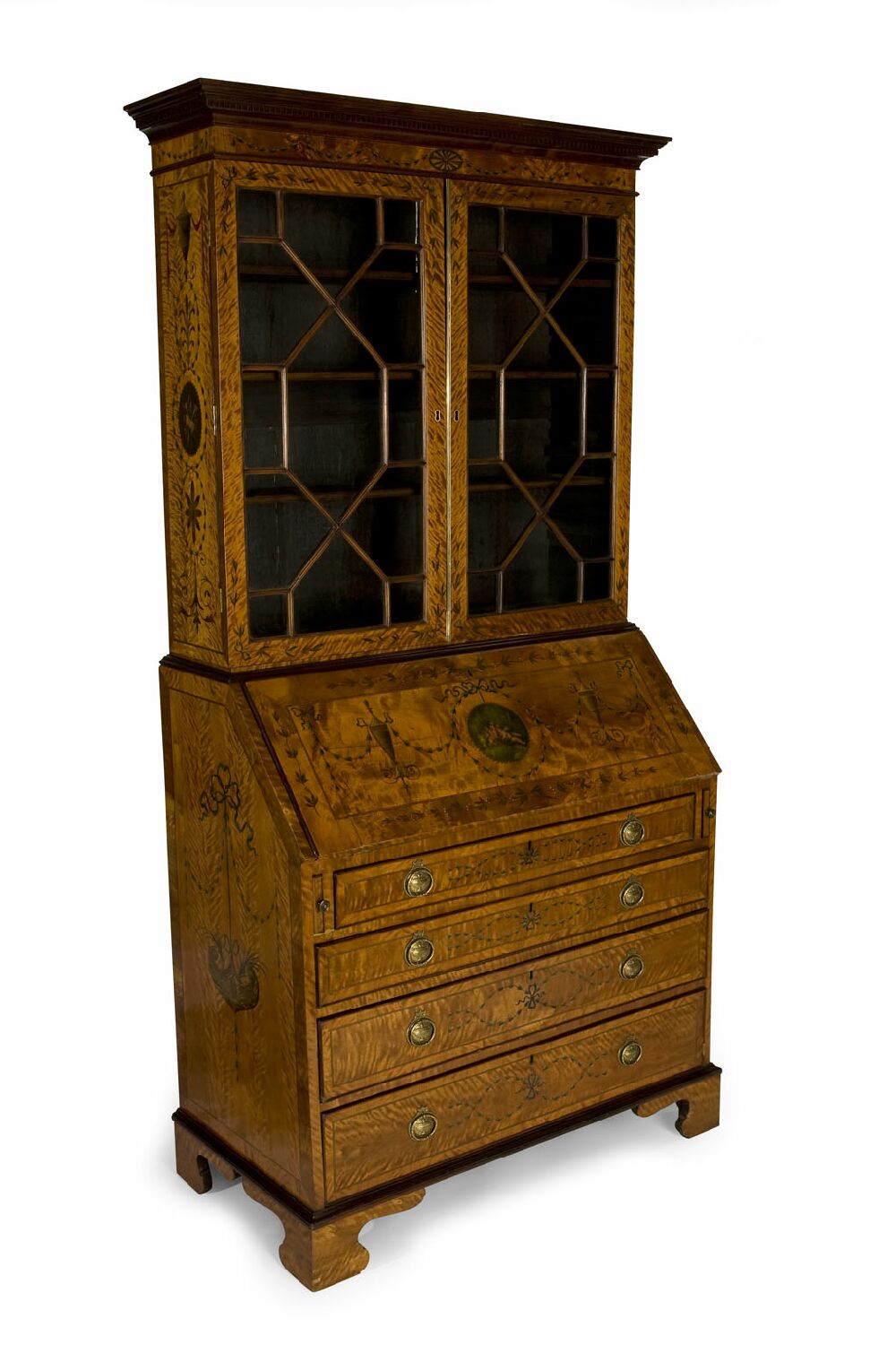 A Sheraton Revival painted satinwood bureau bookcase