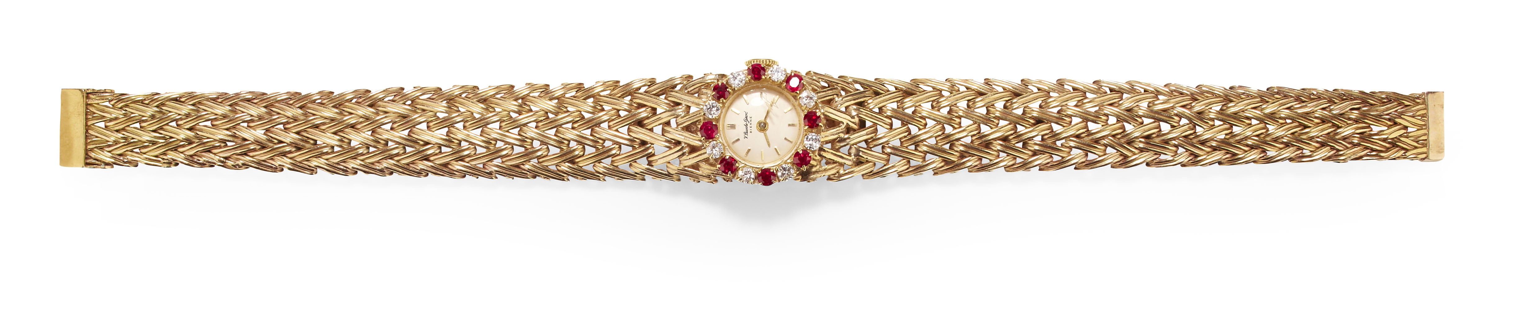 V. BEUCHE GIROD: A lady's 9ct gold ruby and diamond set wrist watch